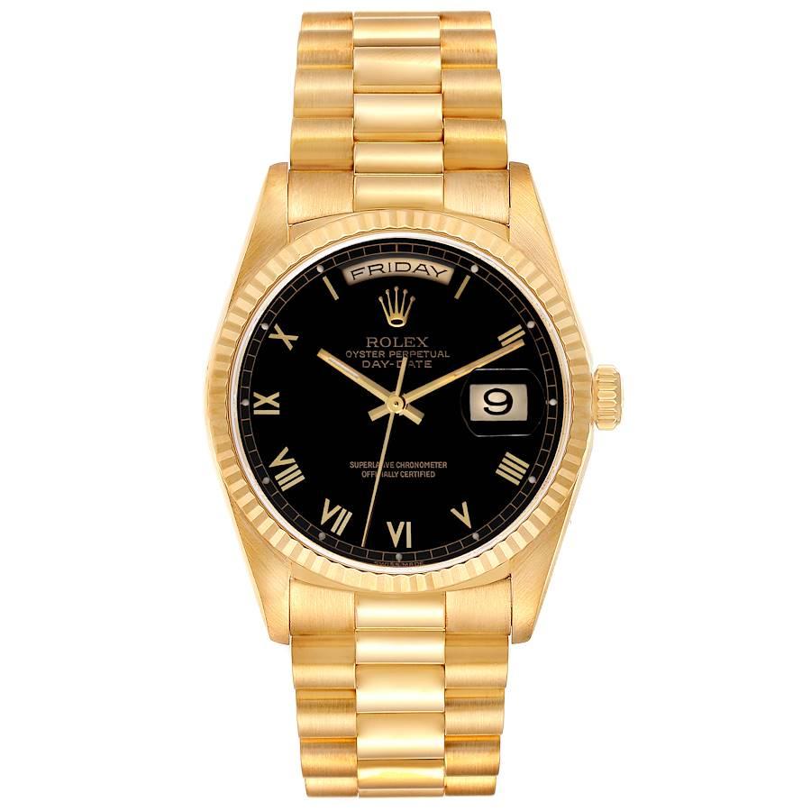 Rolex President Day-Date Black Dial Yellow Gold Mens Watch 18238. Officially certified chronometer self-winding movement. double quick set function. 18k yellow gold oyster case 36.0 mm in diameter. Rolex logo on a crown. 18K yellow gold fluted