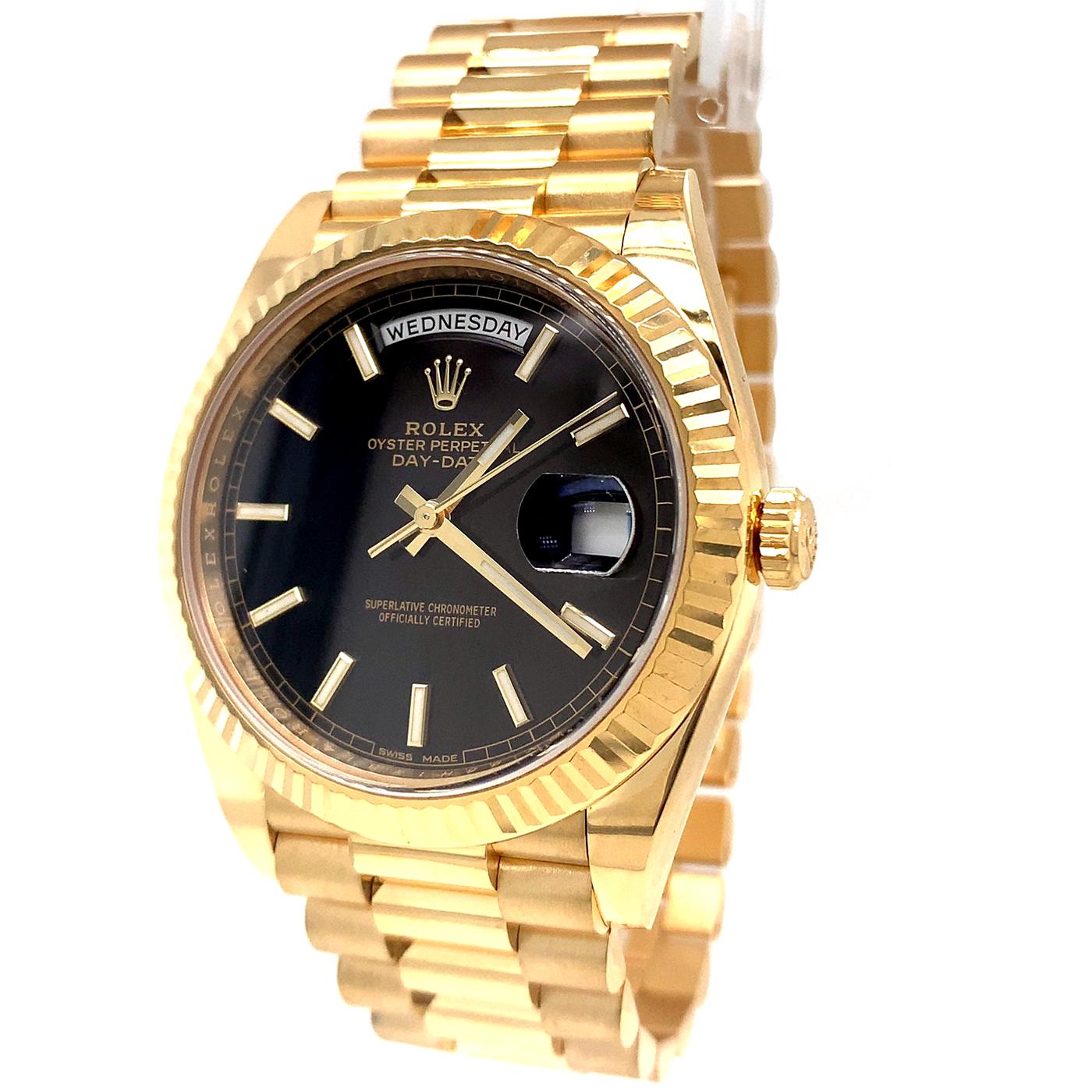 Modernist Rolex President Day Date Black Motif Dial 18k Yellow Gold Men's Watch 228238