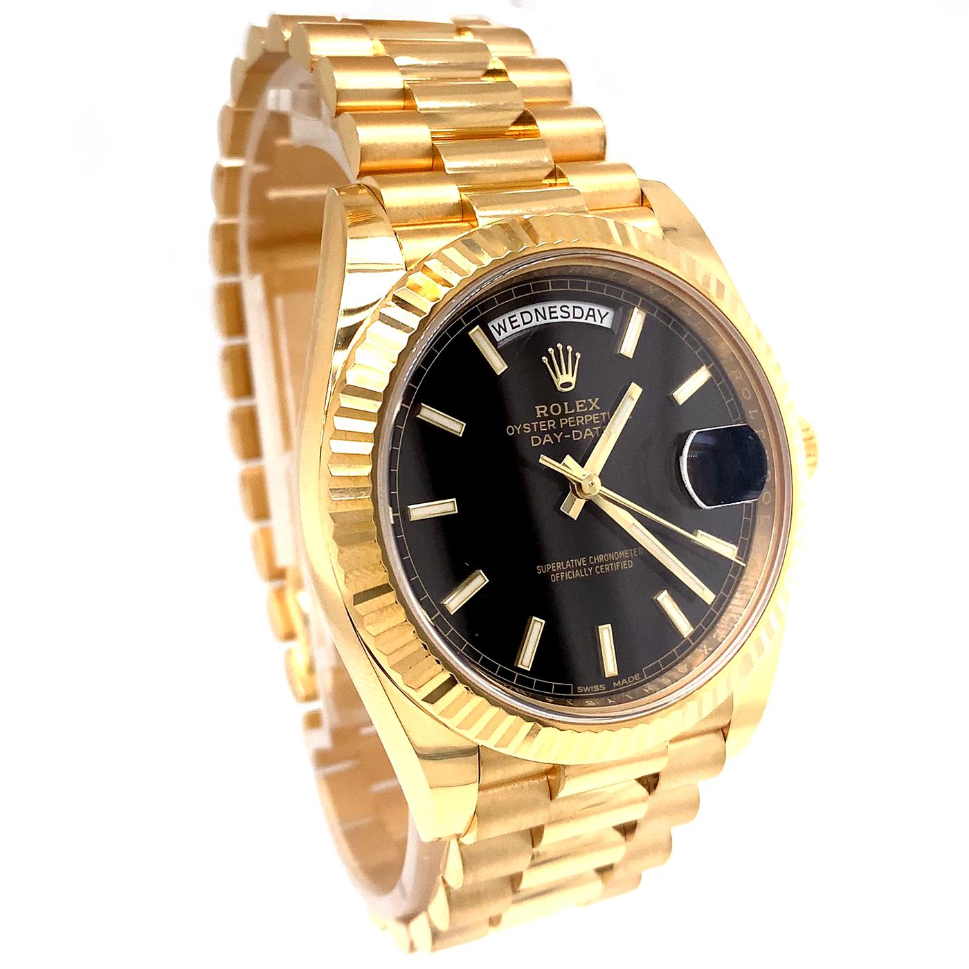 Rolex President Day Date Black Motif Dial 18k Yellow Gold Men's Watch 228238 In Excellent Condition In Aventura, FL