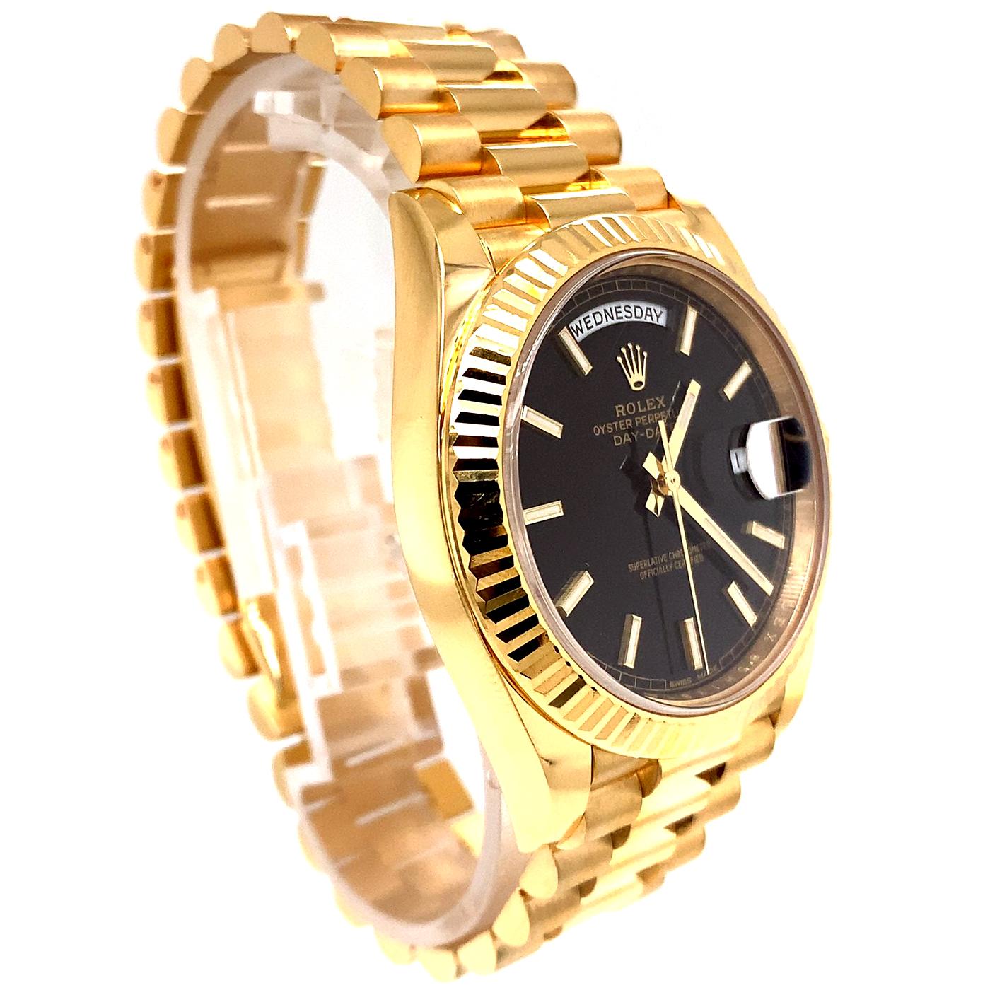 Women's or Men's Rolex President Day Date Black Motif Dial 18k Yellow Gold Men's Watch 228238