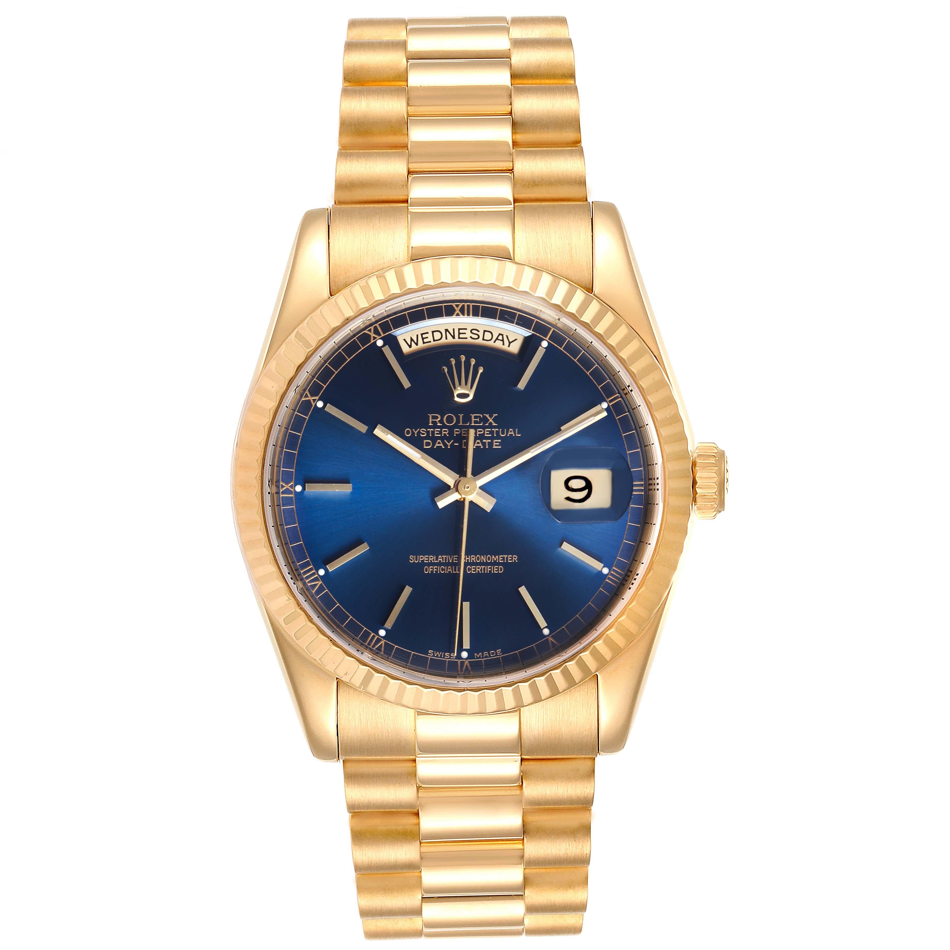 Rolex President Day-Date Blue Dial Yellow Gold Mens Watch 118238. Officially certified chronometer self-winding movement. 18k yellow gold oyster case 36.0 mm in diameter. Rolex logo on a crown. 18K yellow gold fluted bezel. Scratch resistant