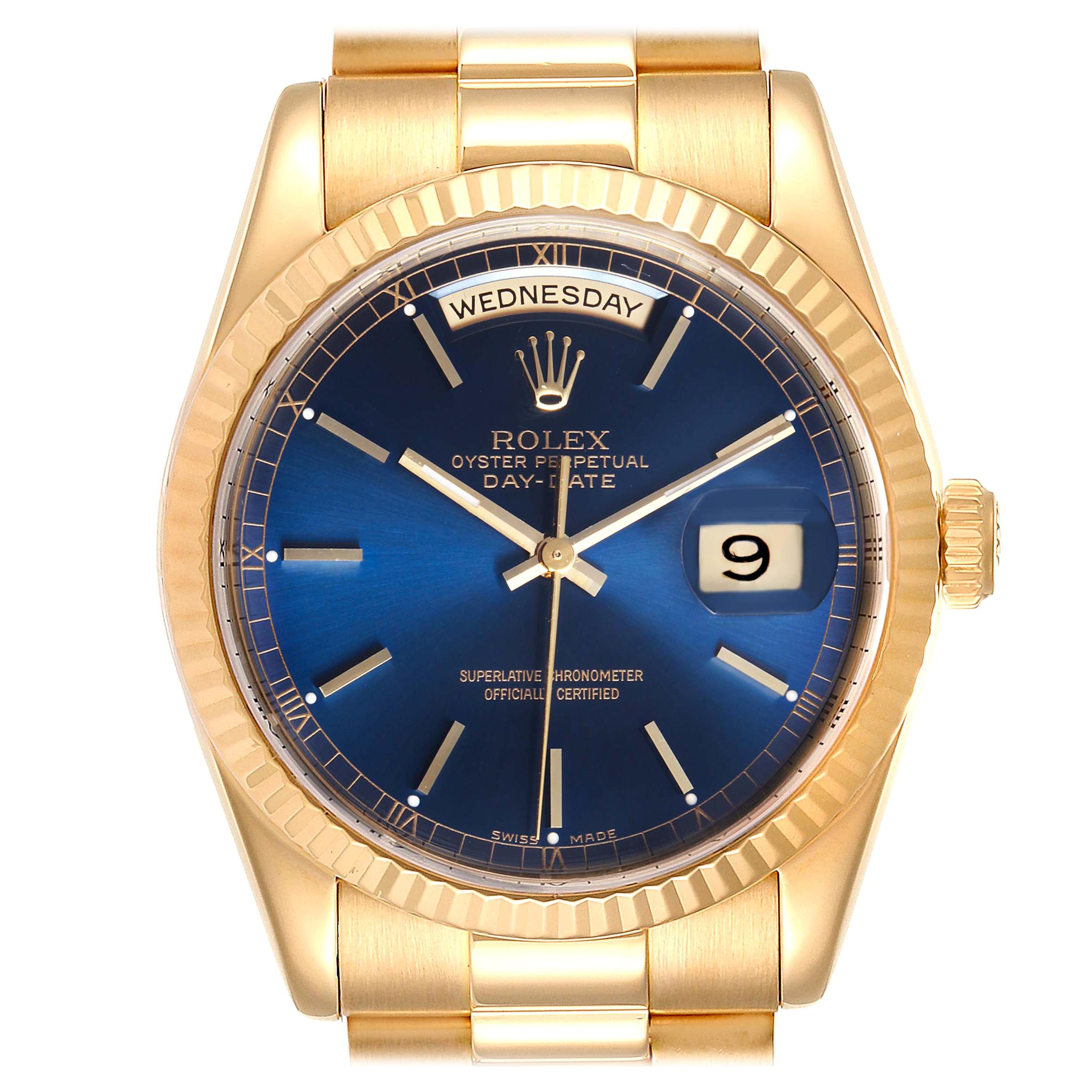 Rolex President Day-Date Blue Dial Yellow Gold Men's Watch 118238