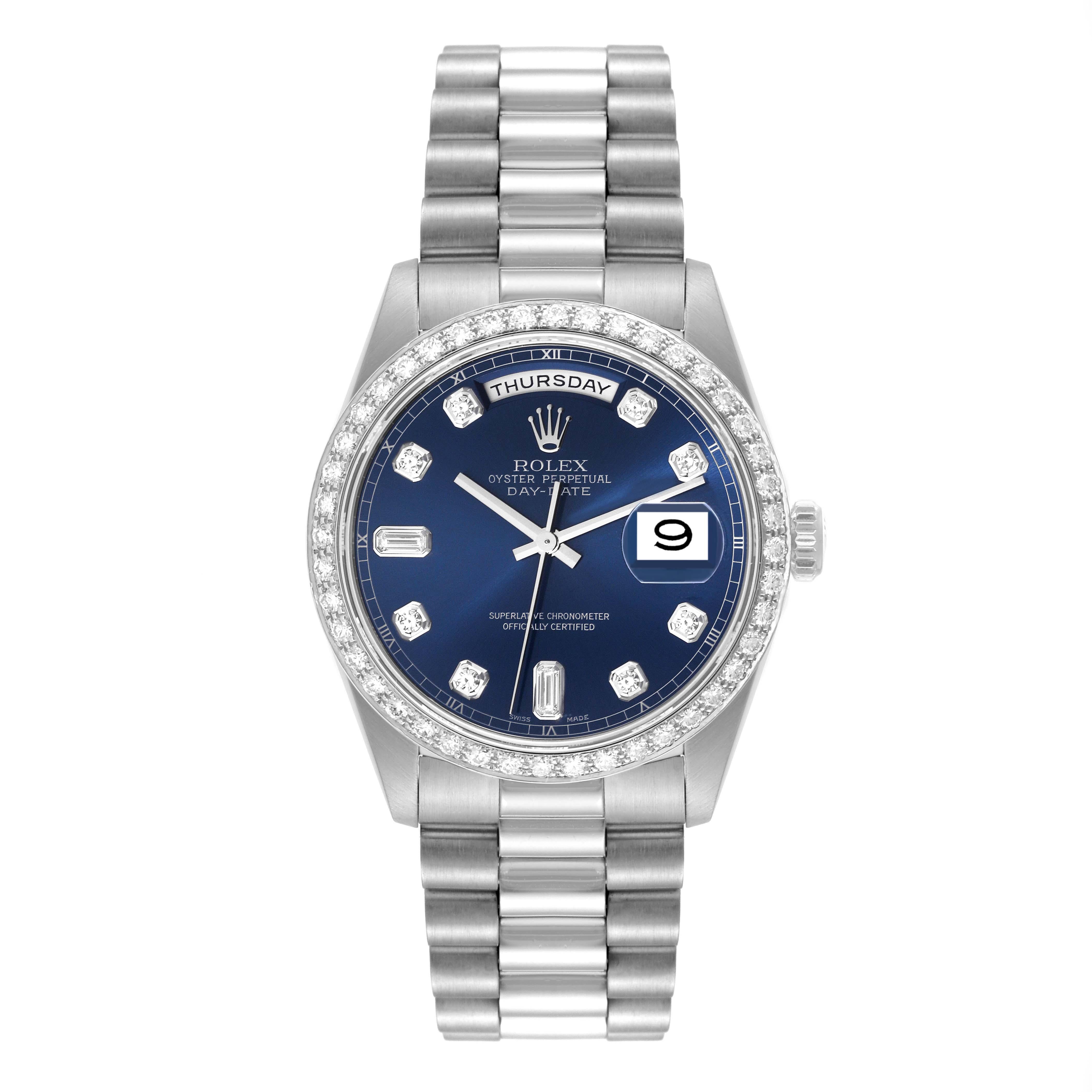 Rolex President Day-Date Blue Diamond Dial Platinum Mens Watch 18346. Officially certified chronometer automatic self-winding movement with quickset date function. Platinum oyster case 36.0 mm in diameter. Rolex logo on the crown. Original Rolex