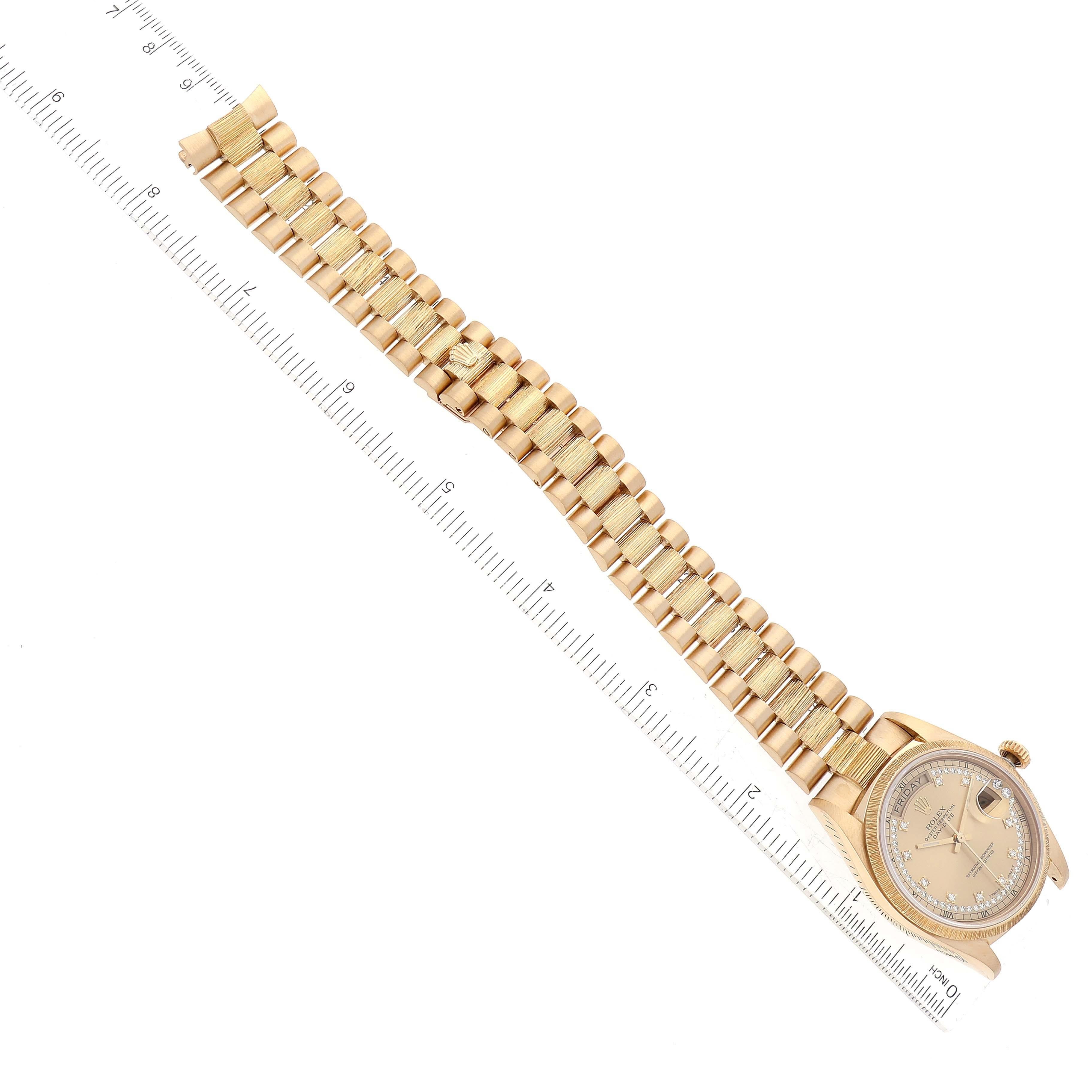Rolex President Day-Date Diamond Dial Yellow Gold Bark Finish Mens Watch 18078 For Sale 6