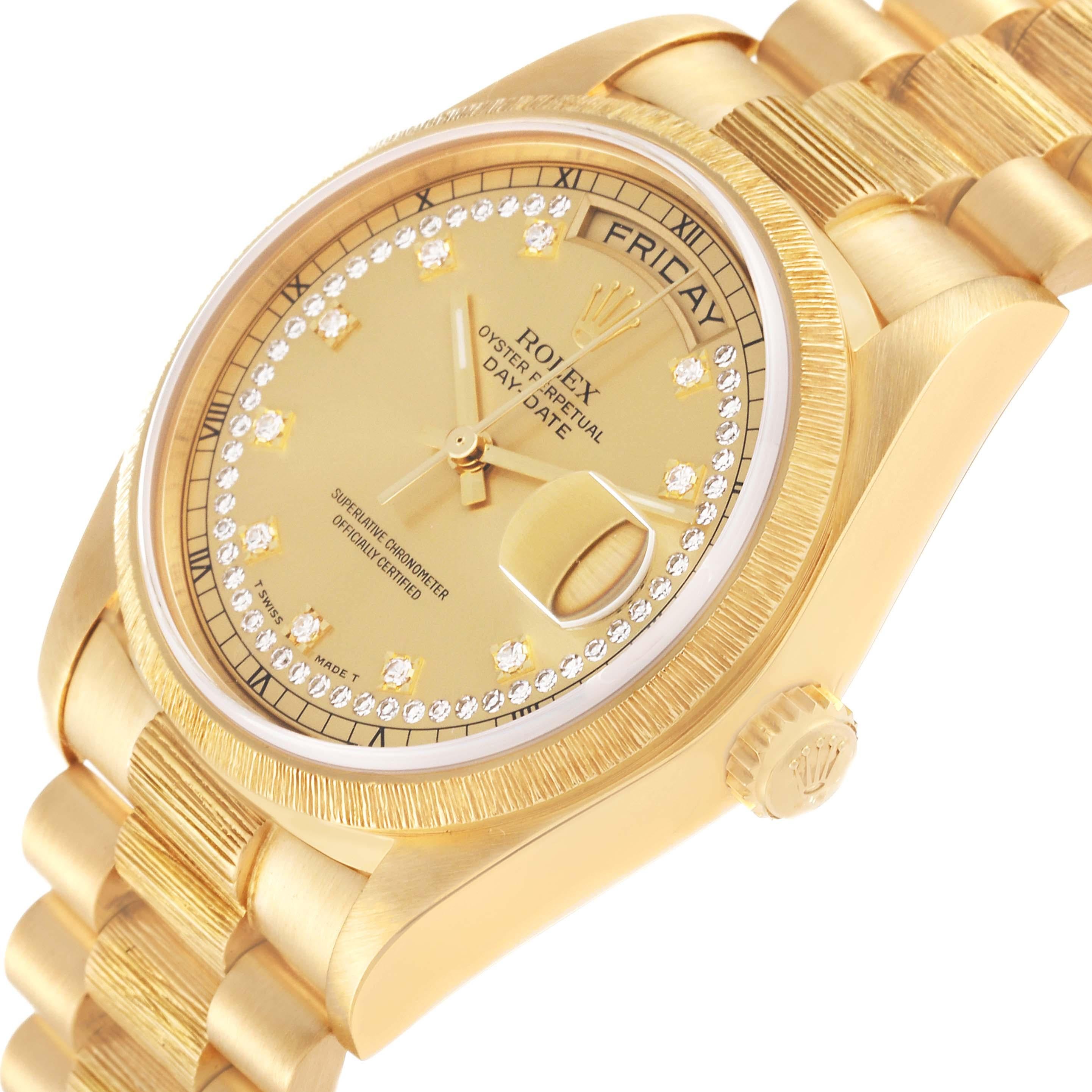 Rolex President Day-Date Diamond Dial Yellow Gold Bark Finish Mens Watch 18078 For Sale 2