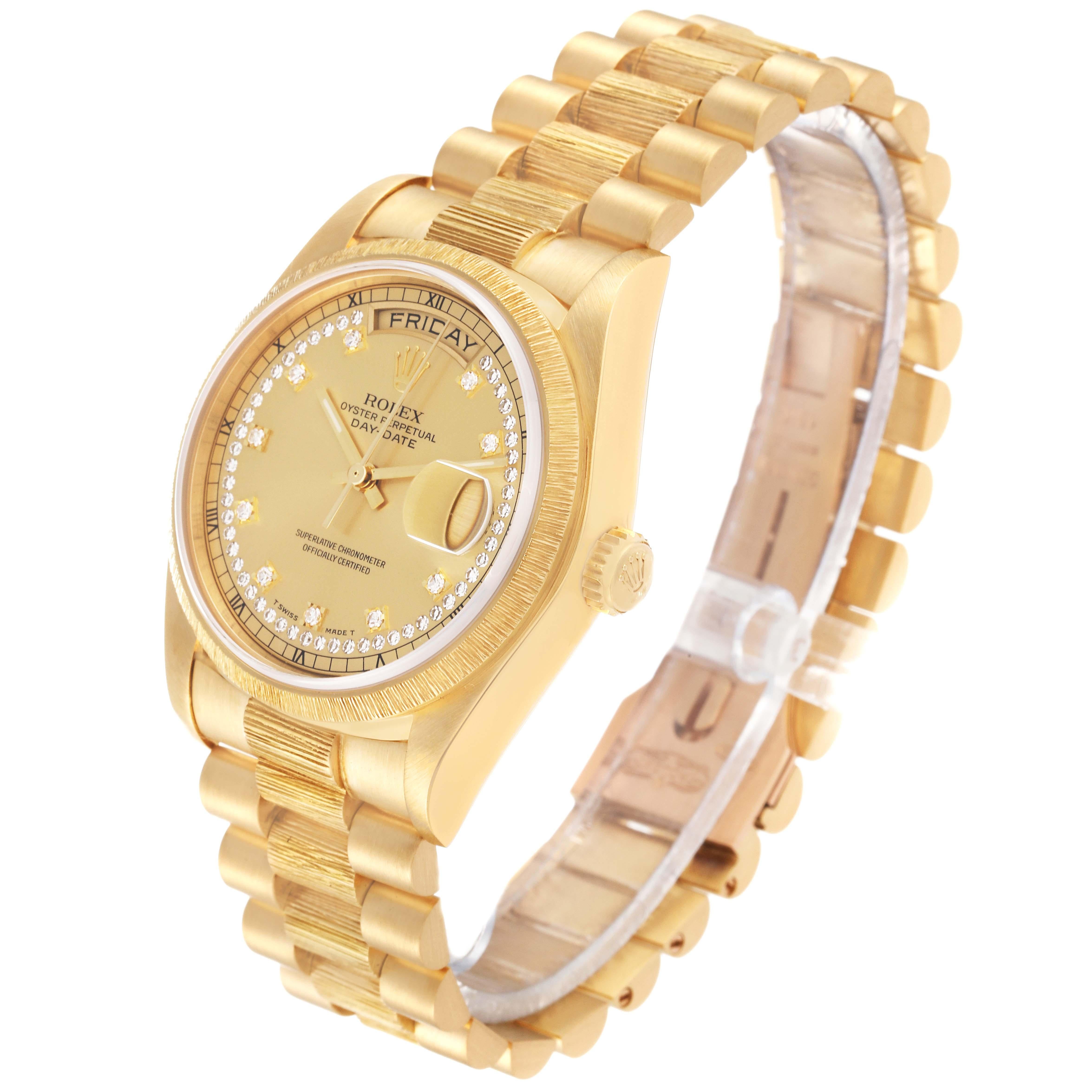 Rolex President Day-Date Diamond Dial Yellow Gold Bark Finish Mens Watch 18078 For Sale 4