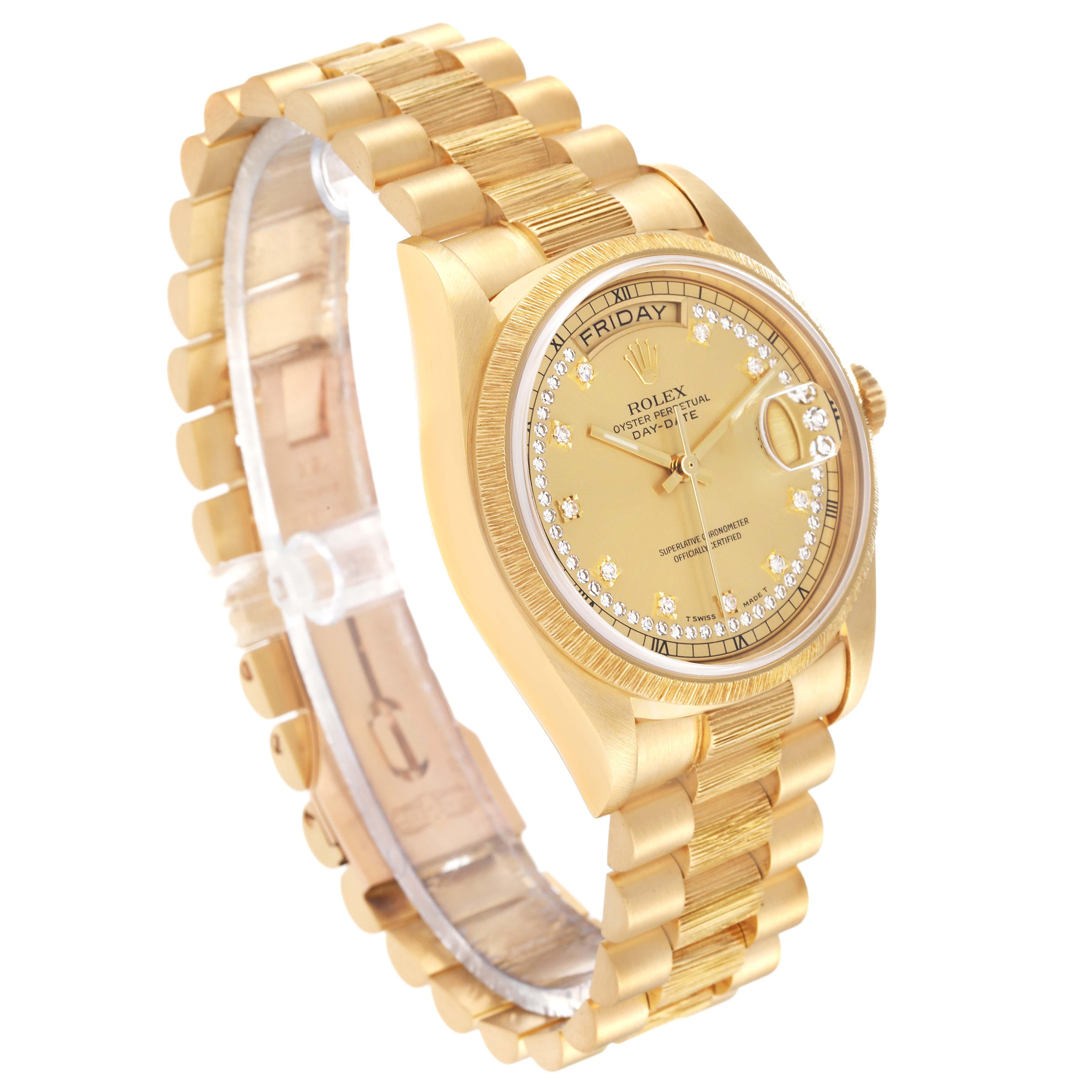 Rolex President Day-Date Diamond Dial Yellow Gold Bark Finish Mens Watch 18078 For Sale 5