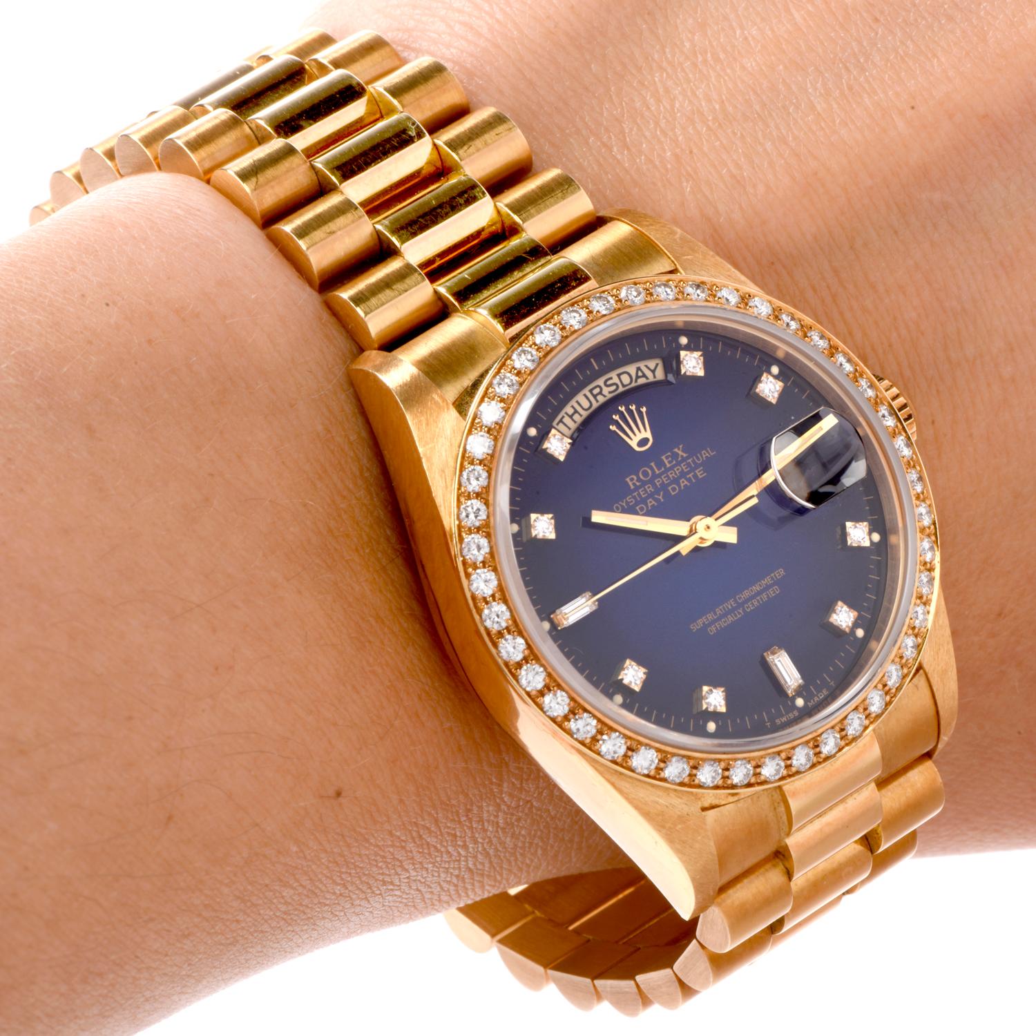Retro Rolex President Day Date Diamond Rare Blue Stella Dial Bezel Watch Ref 18048