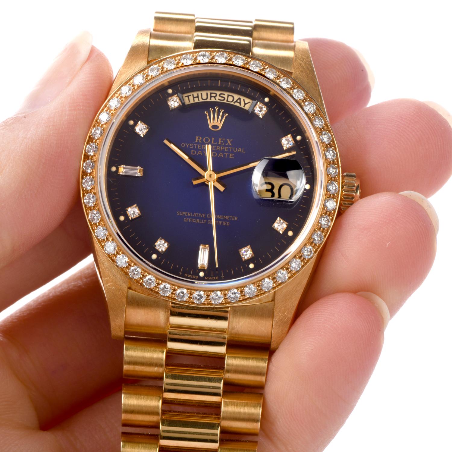 Round Cut Rolex President Day Date Diamond Rare Blue Stella Dial Bezel Watch Ref 18048