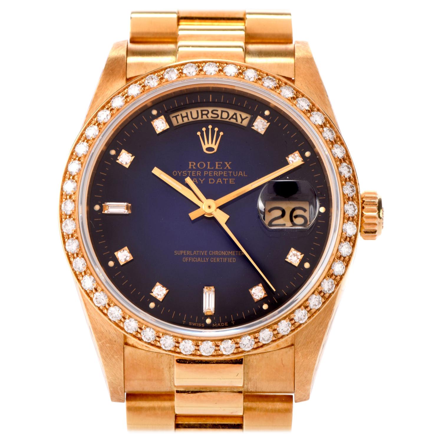 Rolex President Day Date Diamond Rare Blue Stella Dial Bezel Watch Ref 18048