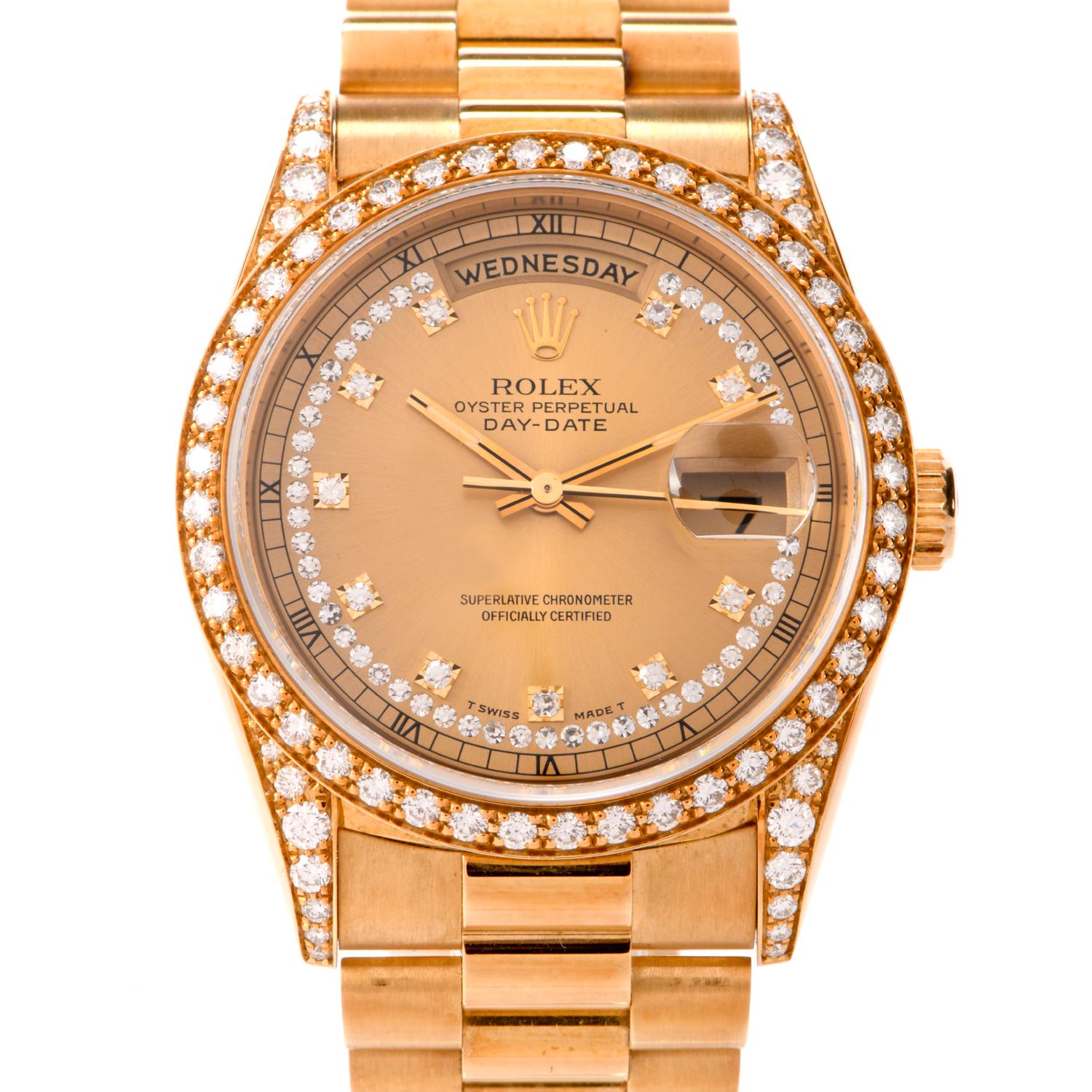 ROLEX President Day-Date Diamond String Diamond Log Dial Bezel Watch reference 18388

This Watch Say It.  Hardly worn in original condition!!

A Rare 36mm circa 1991 18k Yellow Gold Oyster Perpetual Day-Date Gents Wristwatch, 

champagne dial with a