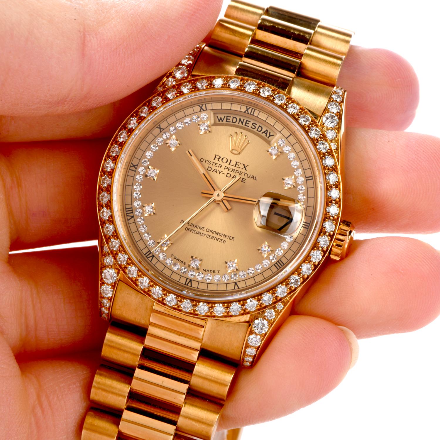Round Cut Rolex President Day-Date Diamond String & Log Dial Bezel Watch18388 For Sale