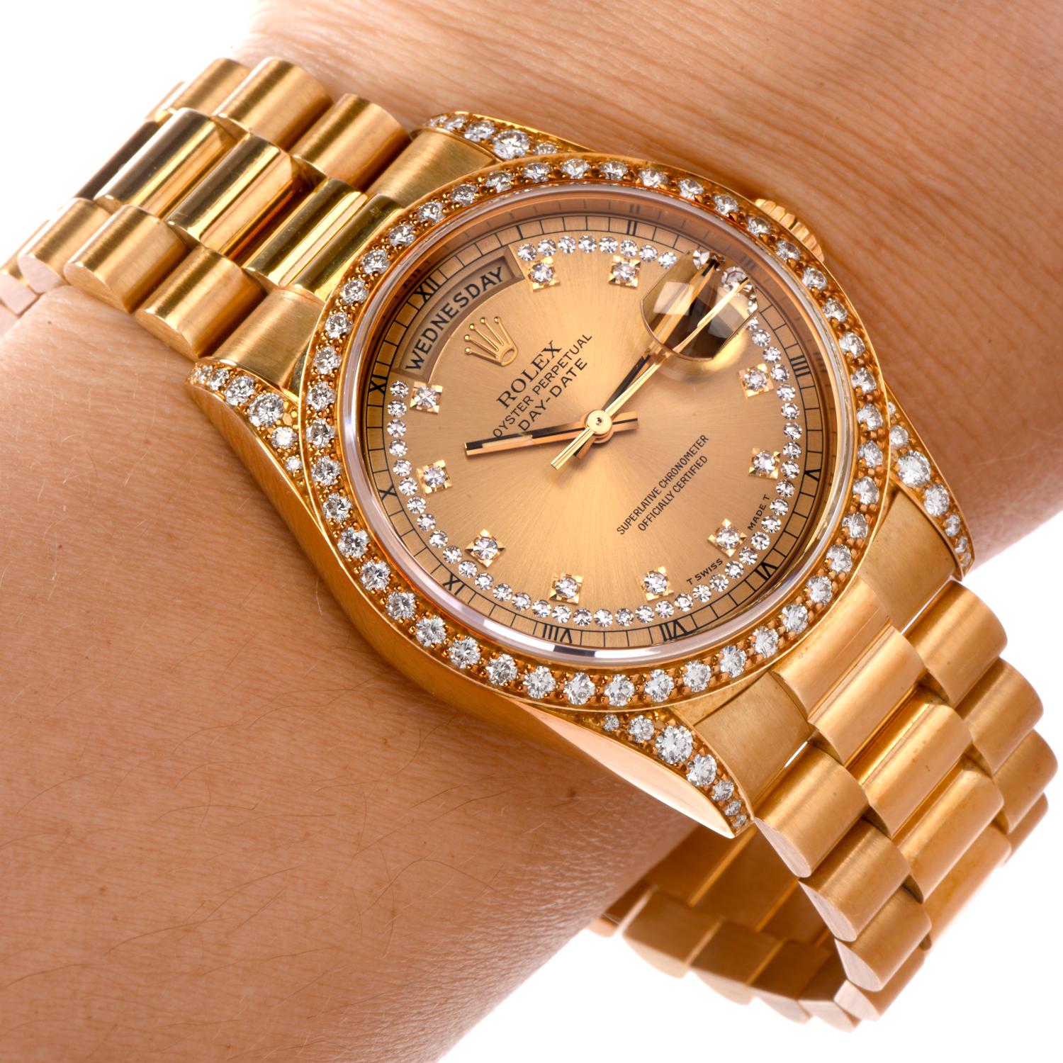 Rolex President Day-Date Diamond String & Log Dial Bezel Watch18388 In Excellent Condition For Sale In Miami, FL
