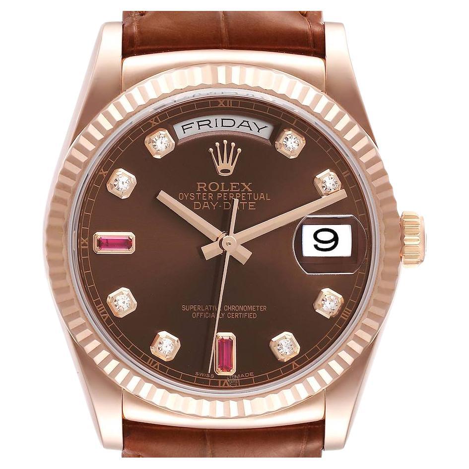 Rolex President Day-Date Everose Gold Diamond Ruby Dial Watch 118135 Box Card For Sale