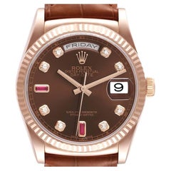 Used Rolex President Day-Date Everose Gold Diamond Ruby Dial Watch 118135 Box Card