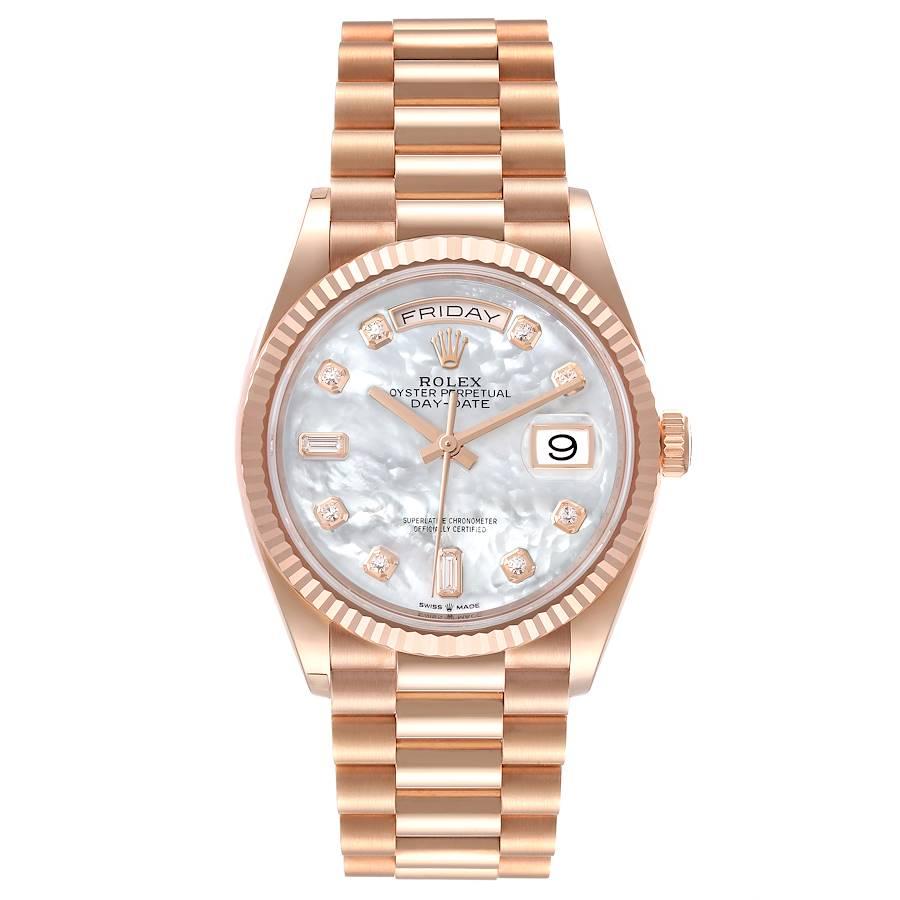 Rolex President Day-Date Everose Gold MOP Dial Mens Watch 128235 Unworn. Officially certified chronometer self-winding movement. 18k rose gold oyster case 36.0 mm in diameter. Rolex logo on a crown. 18k rose gold fluted bezel. Scratch resistant