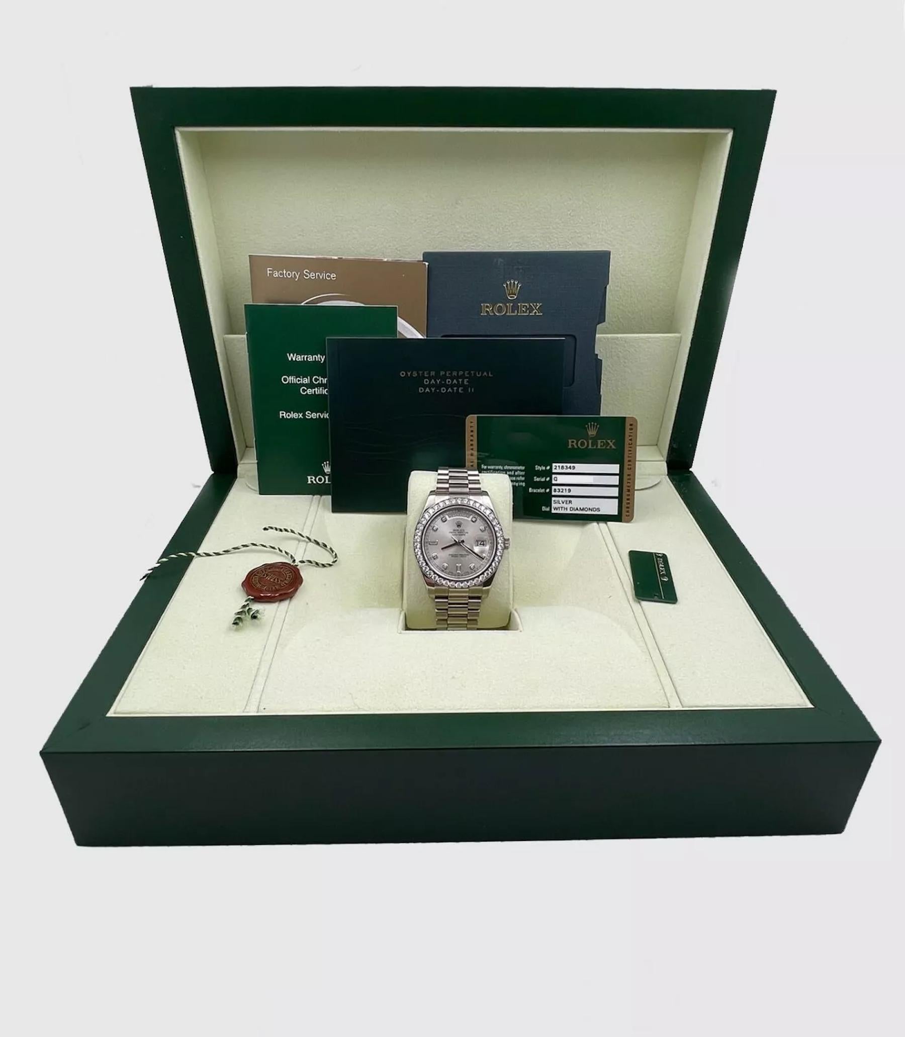 Style Number: 218349
Serial: Q7906***
Year: 2013
Model: President Day Date II
Case Material: 18K White Gold
Band: 18K White Gold
Bezel:  Factory Diamond Bezel 
Dial: Factory Diamond Dial 
Face: Sapphire Crystal 
Case Size: 41mm
Includes: 
-Rolex Box