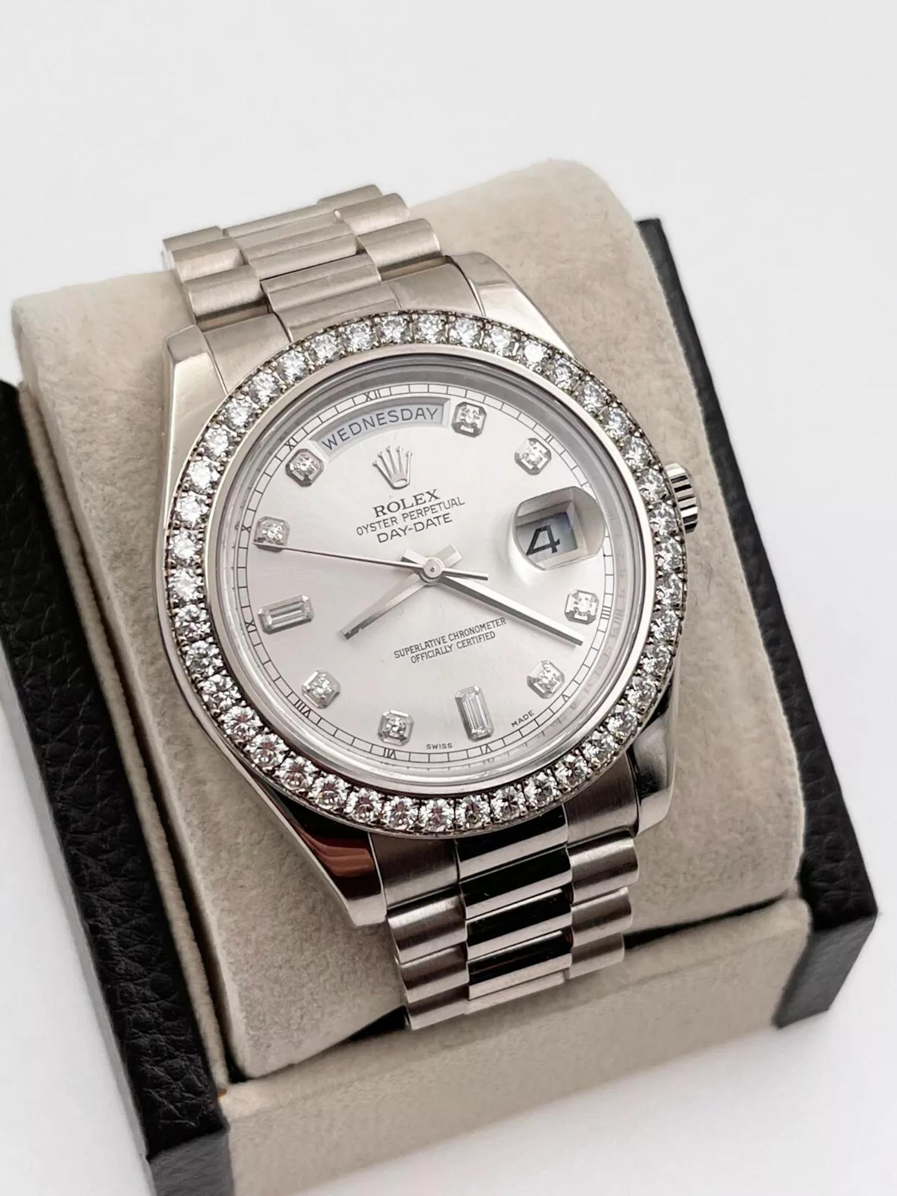 Round Cut Rolex President Day Date II 218349 41mm Diamond Dial Bezel 18K White Gold 2013 For Sale