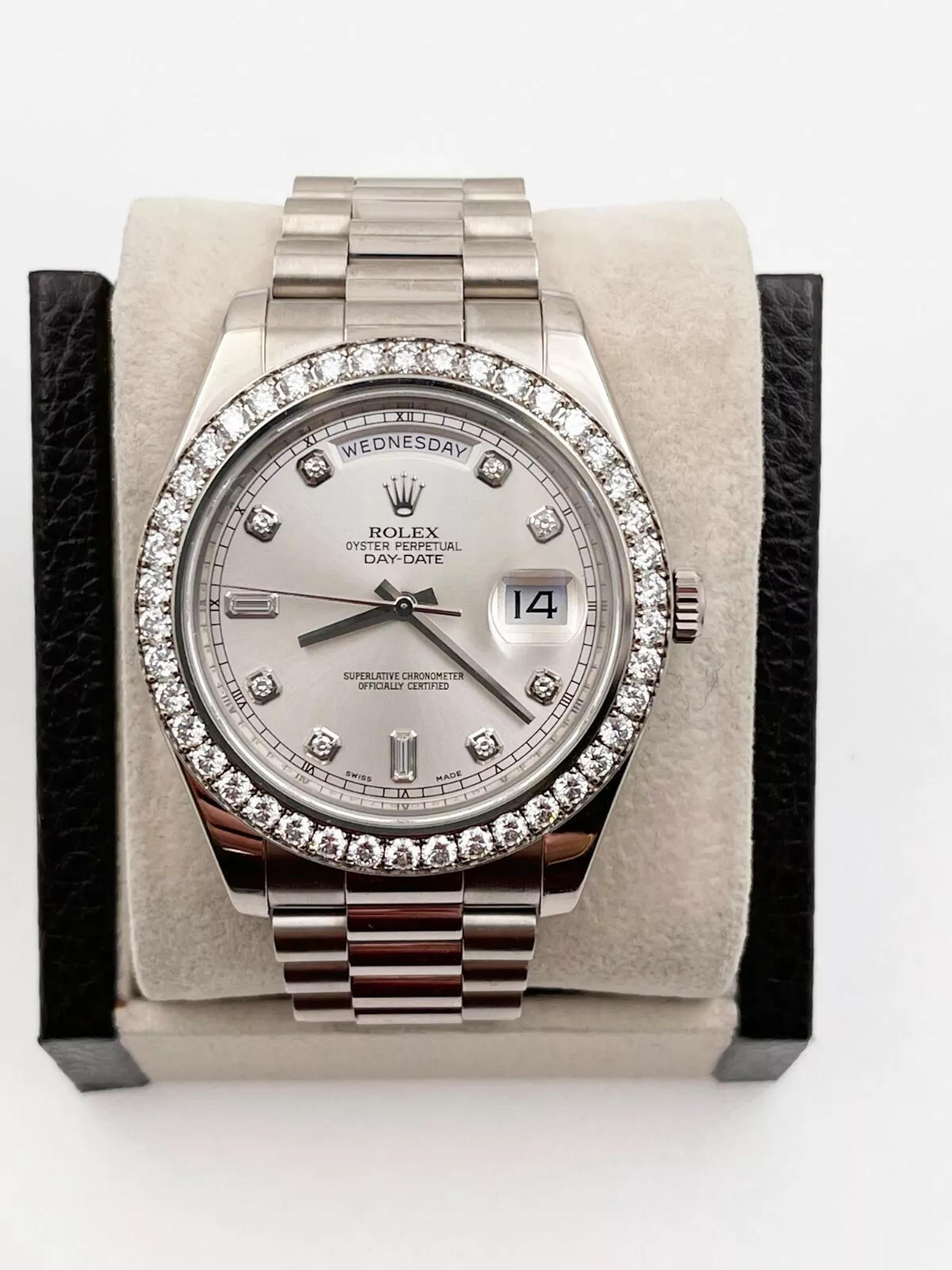 Rolex President Day Date II 218349 41mm Diamond Dial Bezel 18K White Gold 2013 In Excellent Condition For Sale In San Diego, CA