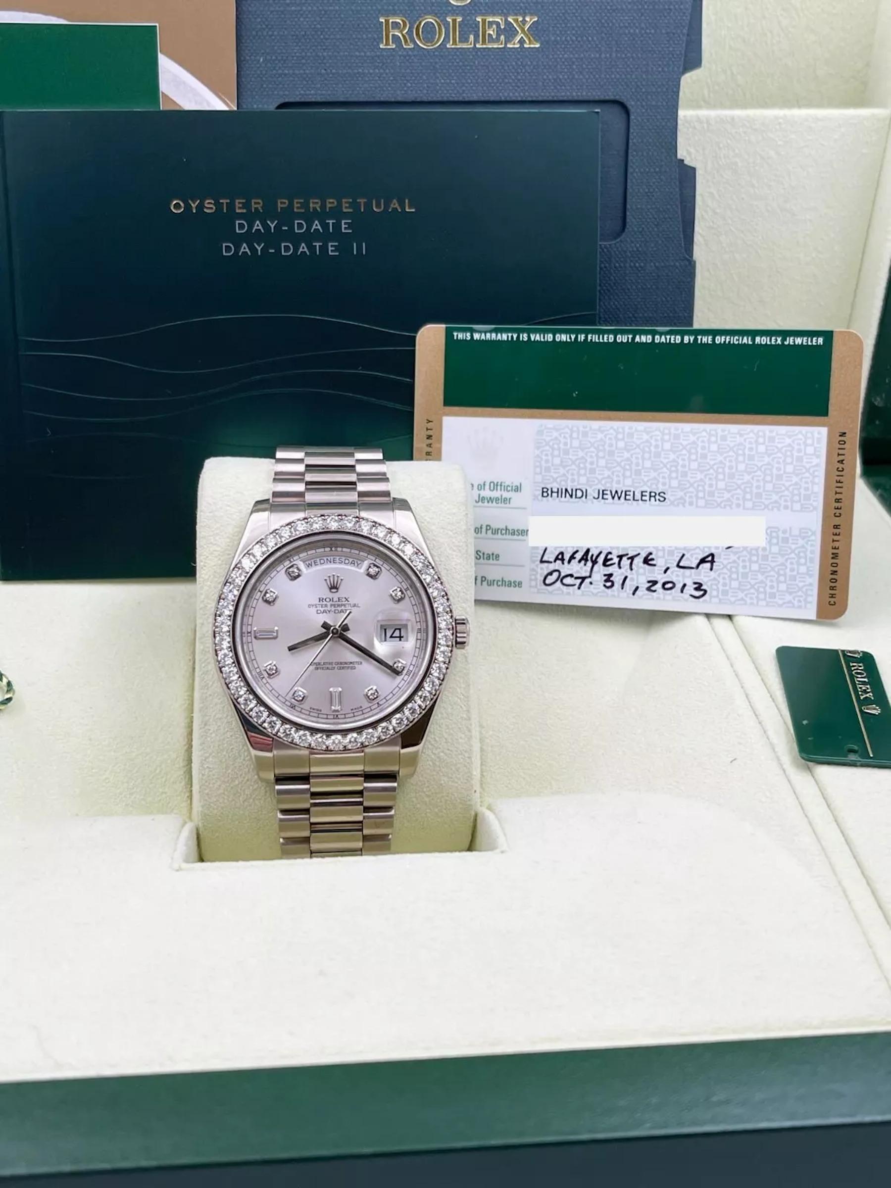 Rolex President Day Date II 218349 41mm Diamond Dial Bezel 18K White Gold 2013 For Sale 1