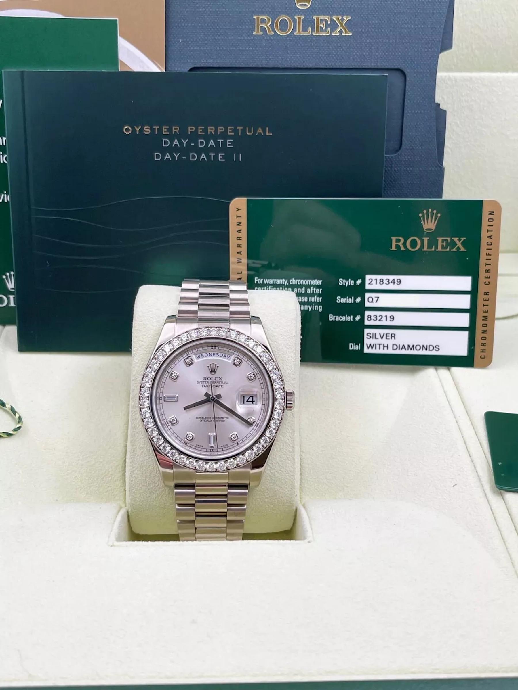 Rolex President Day Date II 218349 41mm Diamond Dial Bezel 18K White Gold 2013 For Sale 4