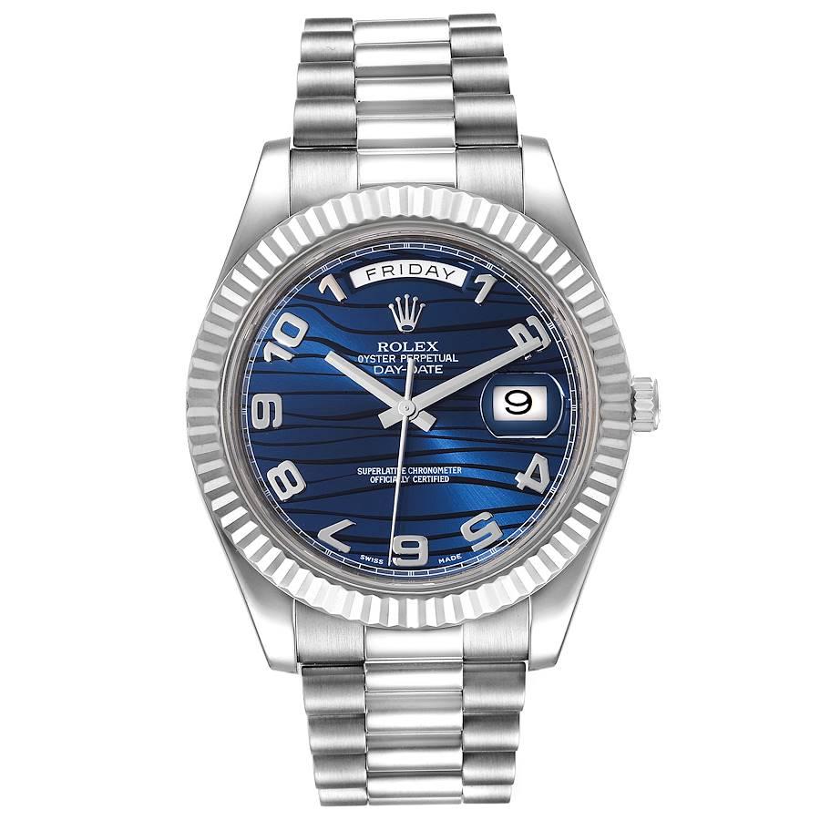 Rolex President Day-Date II White Gold Blue Dial Mens Watch 218239 Box Card. Officially certified chronometer self-winding movement. Double quick set function. 18k white gold oyster case 41.0 mm in diameter.  Rolex logo on a crown. 18k white gold
