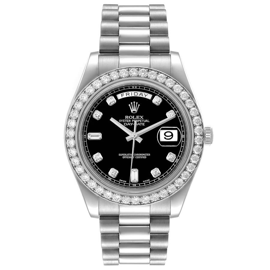 Rolex President Day-Date II White Gold Diamond Mens Watch 218349 Box Card. Officially certified chronometer self-winding movement. Double quick set function. 18k white gold oyster case 41.0 mm in diameter.  Rolex logo on a crown. 18k white gold