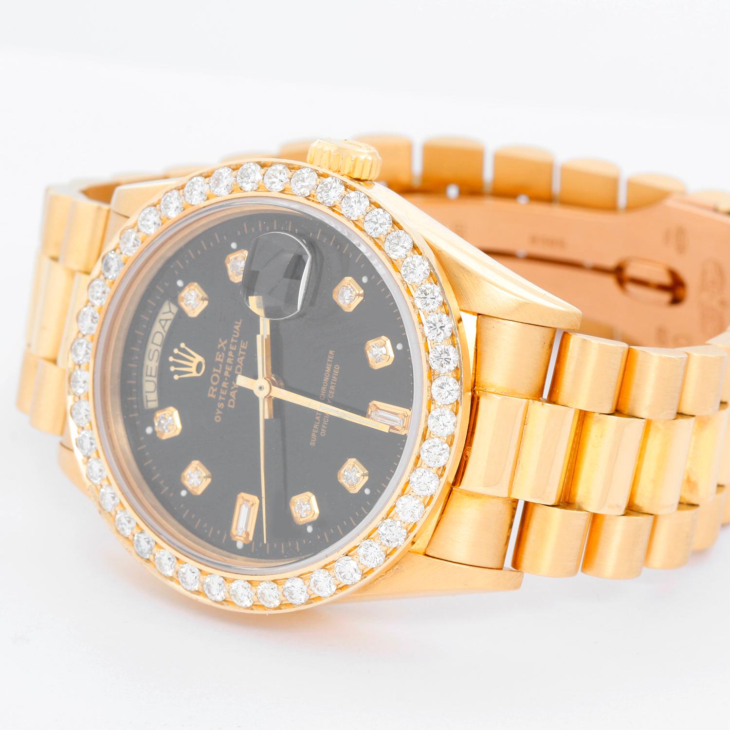 Rolex President Day-Date Men's 18k Gold Watch 18048 - Automatic winding; 27 jewels; quick-set; sapphire crystal. 18k yellow gold case with custom diamond bezel (36mm diameter). Custom black diamond dial . 18k yellow gold hidden-clasp President