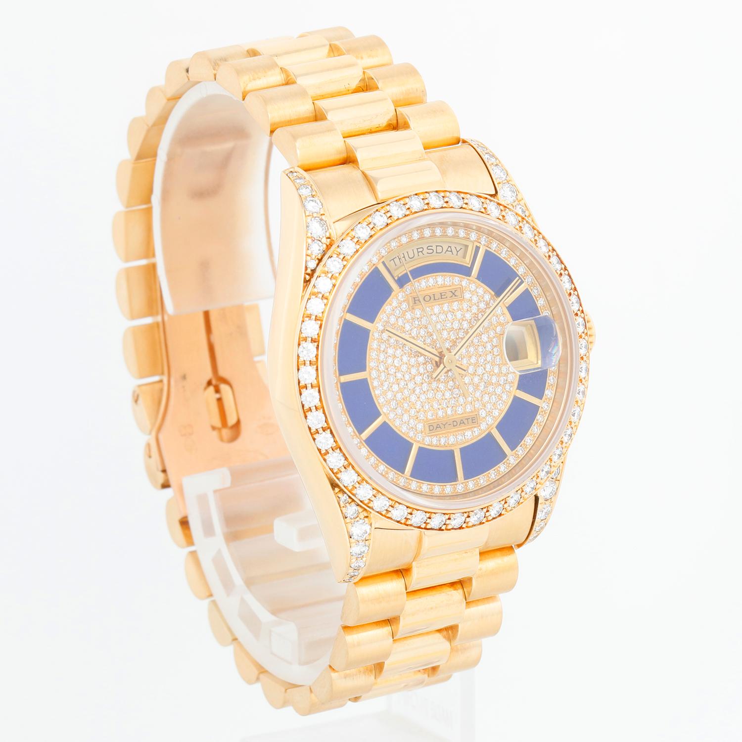 Montre Rolex President Day-Date pour homme en or 18 carats  Rolex Lapis Jewellers Diamond Dial 18388 - Remontage automatique, 31 rubis, Quickset, verre saphir. Boîtier en or jaune 18 carats avec lunette et cornes diamantées (36 mm de diamètre).
