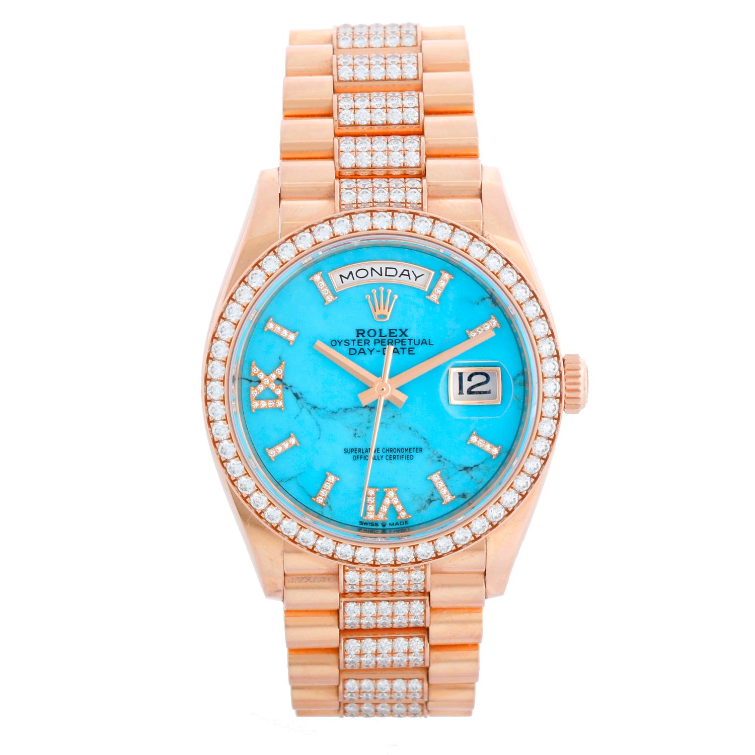 Rolex President Day-Date Men's 18k Rose Gold Watch 128345RBR - Automatic winding, 31 jewels, Quickset, sapphire crystal. 18k rose gold case with diamond bezel (36mm diameter). Turquoise set with pave diamond Roman numerals; This dial features hour