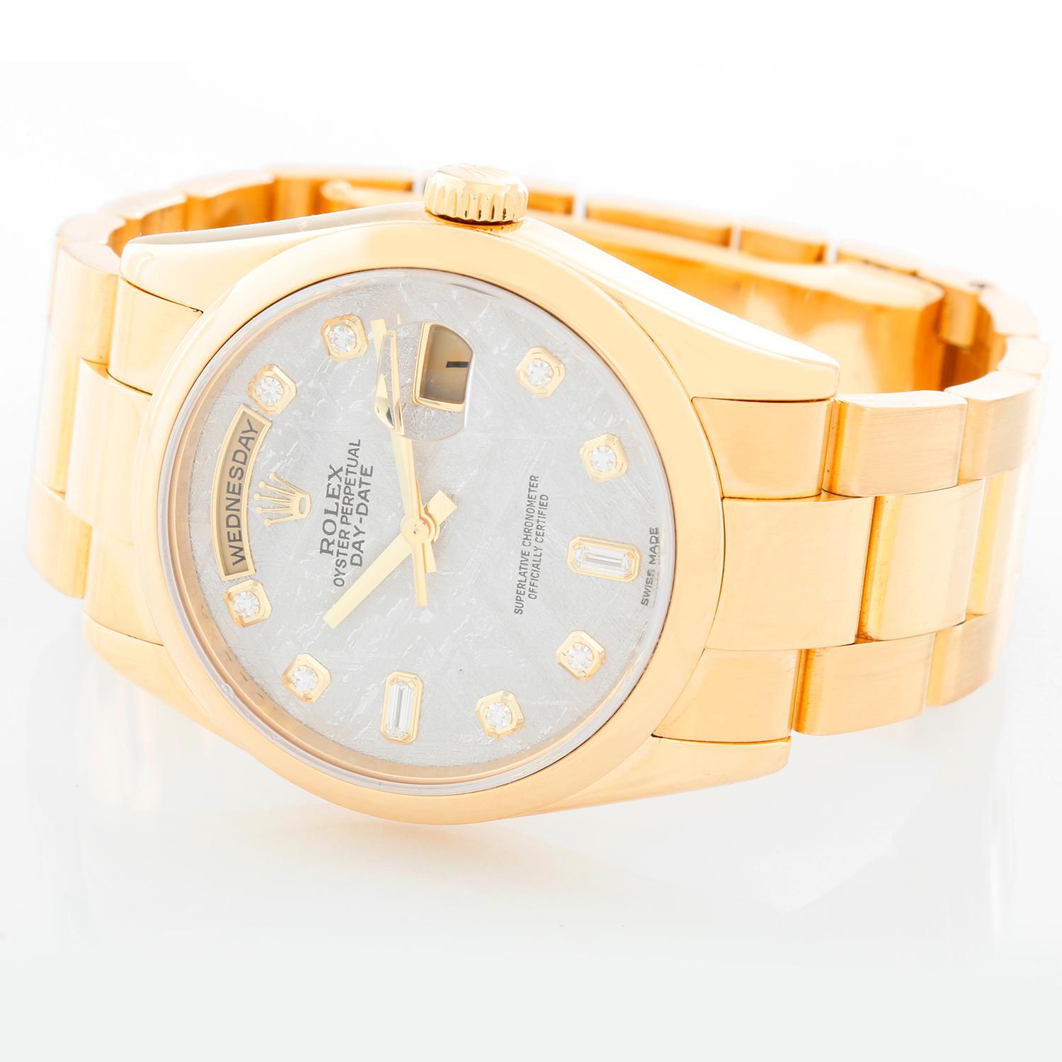 Rolex President Day-Date Men's Watch 118208 - Automatic winding, 31 jewels, Quickset, sapphire crystal. 18k yellow gold case with smooth bezel (36 mm). Factory Meteorite diamond dial. 18k yellow gold  Oyster bracelet with new style polished buckle.