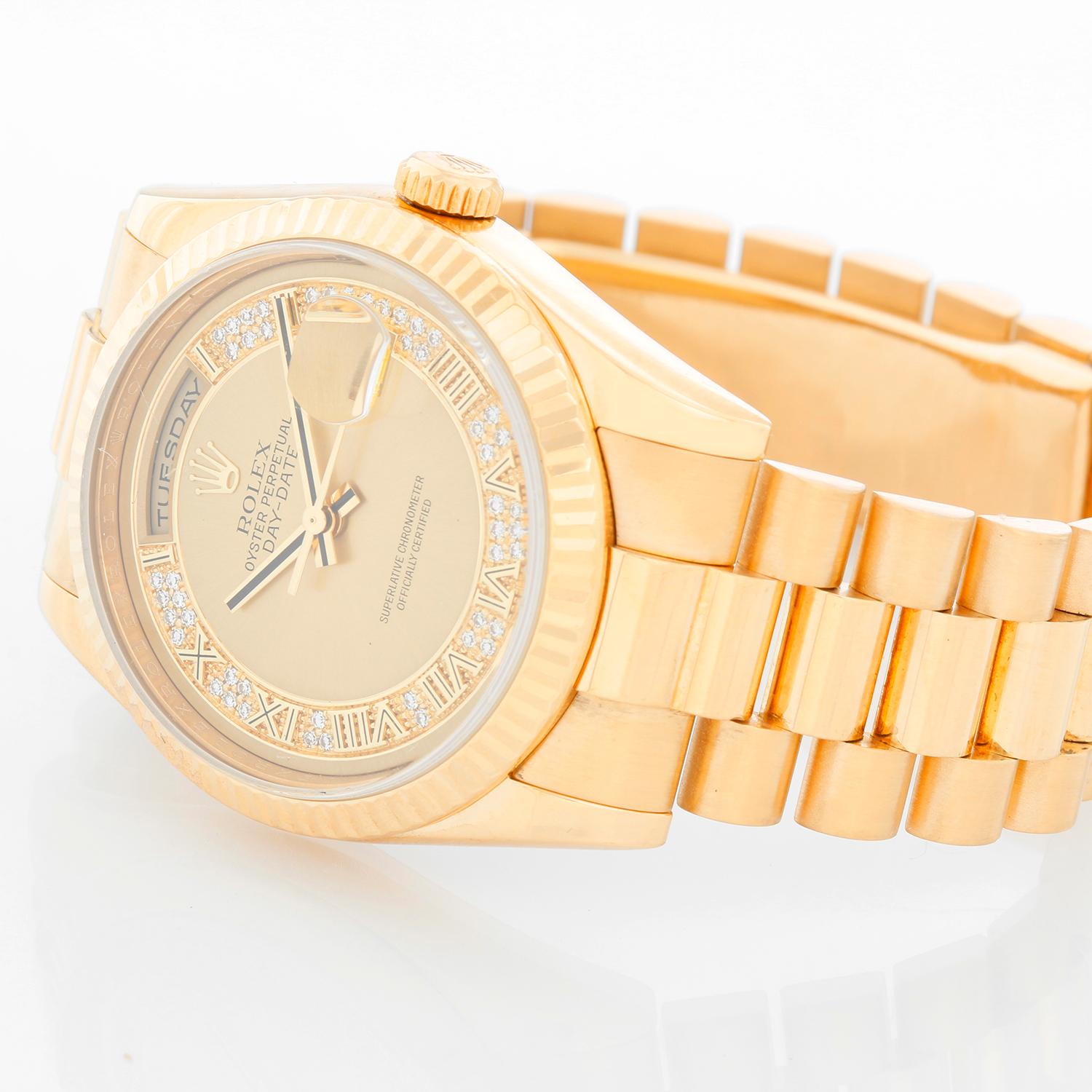 Rolex President Day-Date Men's Watch 118238 - Automatic winding, 31 jewels, Quickset, sapphire crystal (36 mm). 18k yellow gold case with fluted bezel . Factory Myriad Diamond dial. 18k yellow gold hidden-clasp President bracelet. Pre-owned with box