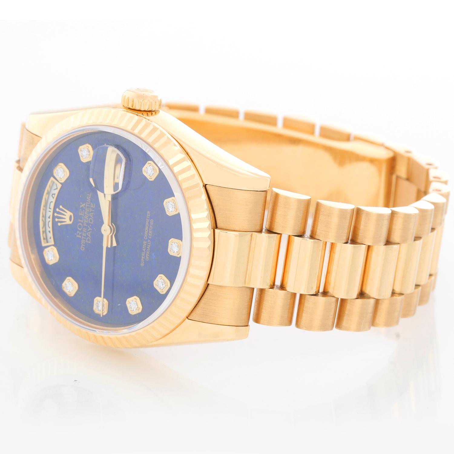 Rolex President Day-Date Men's Watch 118238 - Automatic winding, 31 jewels, Quickset, sapphire crystal. 18k yellow gold case with fluted bezel . Very rare and unusual Factory Lapis diamond dial. 18k yellow gold hidden-clasp President bracelet.