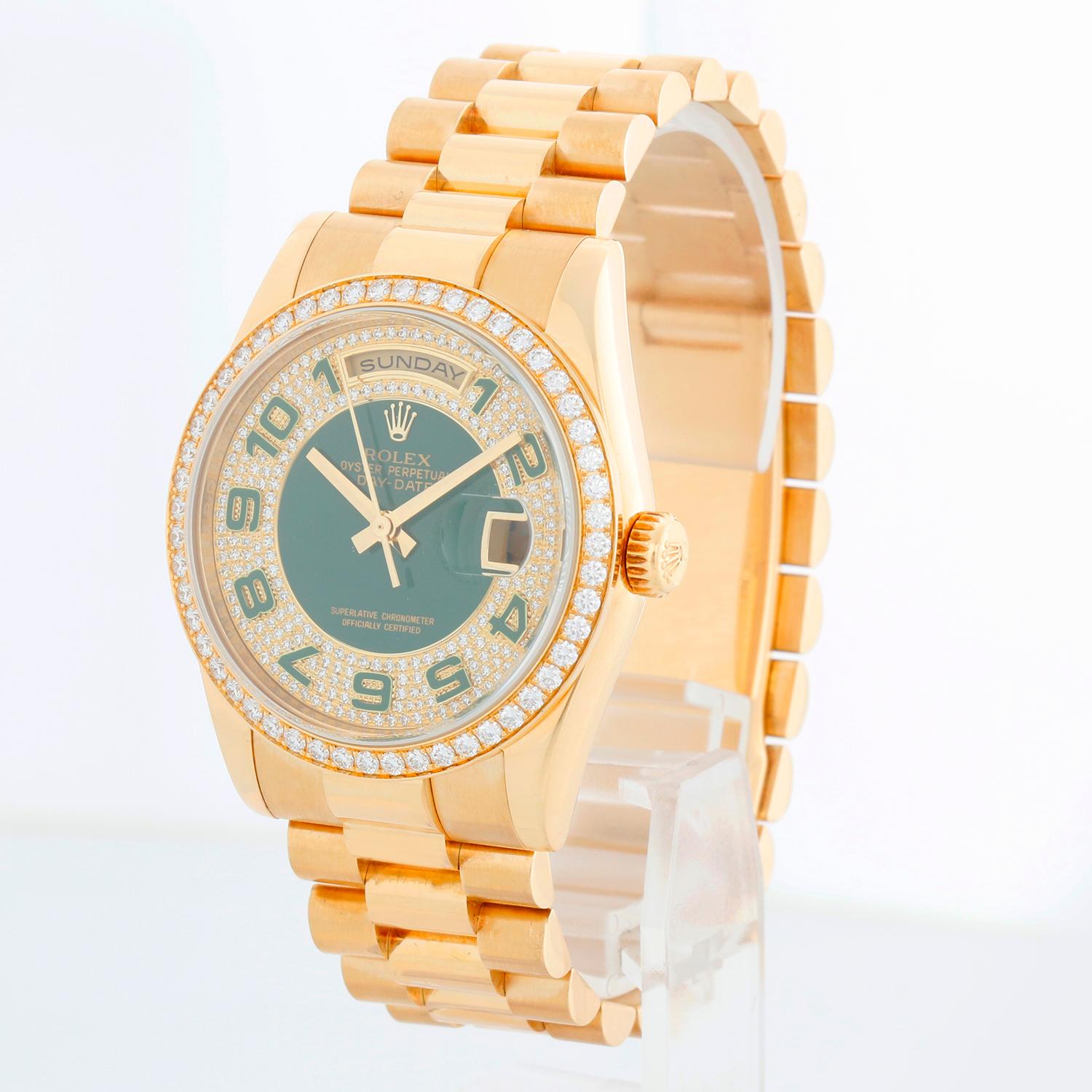 Rolex President Day-Date Men's Yellow Gold Watch Factory Diamonds 118348 - Automatic winding, 31 jewels, Quickset, sapphire crystal. President Day-Date. 18k yellow gold case with factory diamond bezel (36mm diameter). Enamel green dial with original