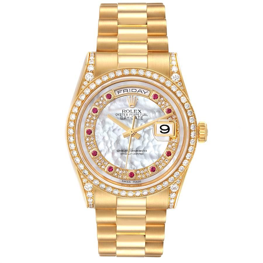 Rolex President Day-Date MOP Diamond Myriad Dial Mens Watch 118388 Box Card. Officially certified chronometer self-winding movement. Double quickset function. 18k yellow gold oyster case 36.0 mm in diameter. Rolex logo on the crown. Original Rolex