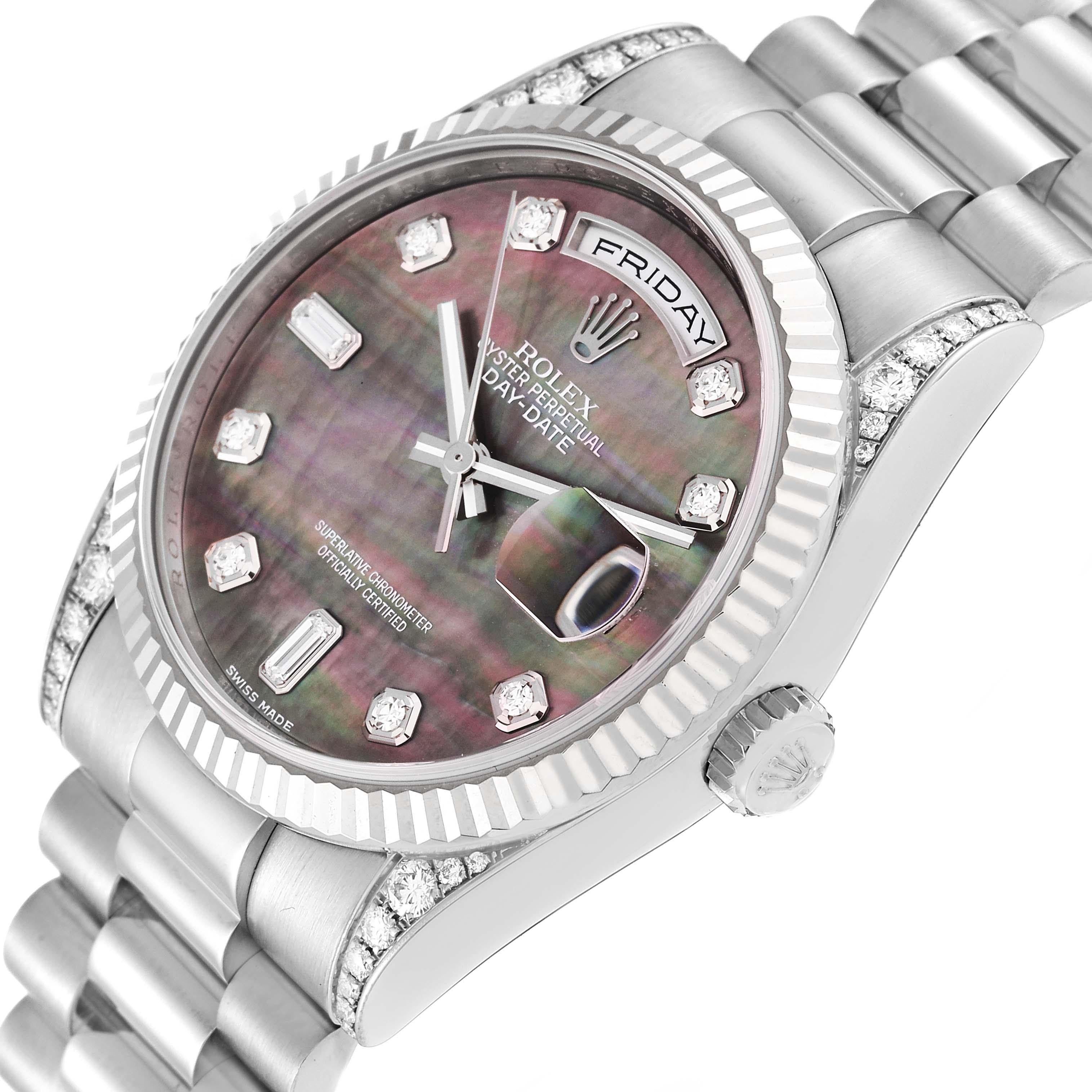 Rolex President Day-Date Mother of Pearl White Gold Diamond Mens Watch In Excellent Condition For Sale In Atlanta, GA