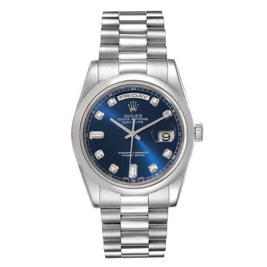 Rolex President Day-Date Platinum Blue Diamond Dial Mens Watch 118206. Officially certified chronometer self-winding movement with quickset date function. Platinum oyster case 36.0 mm in diameter. Rolex logo on a crown. Platinum smooth domed bezel.