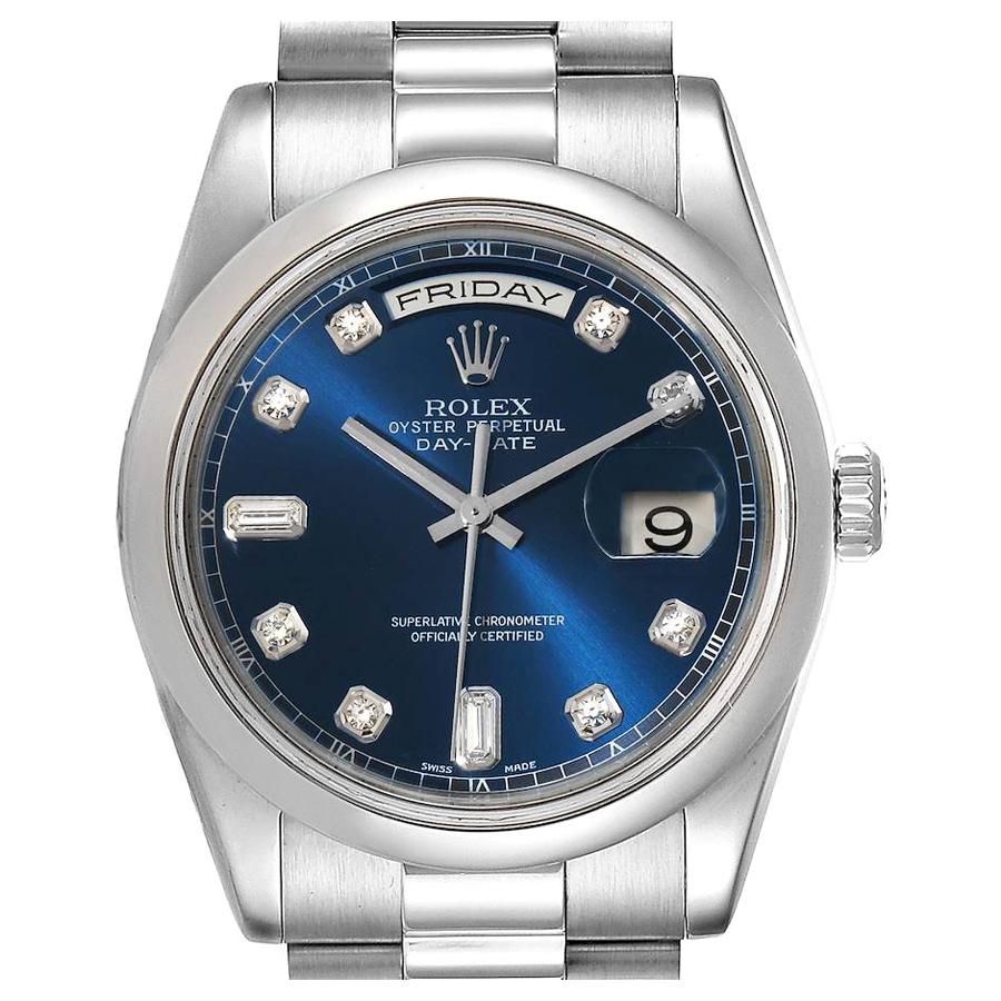 Rolex President Day-Date Platinum Blue Diamond Dial Mens Watch 118206 For Sale