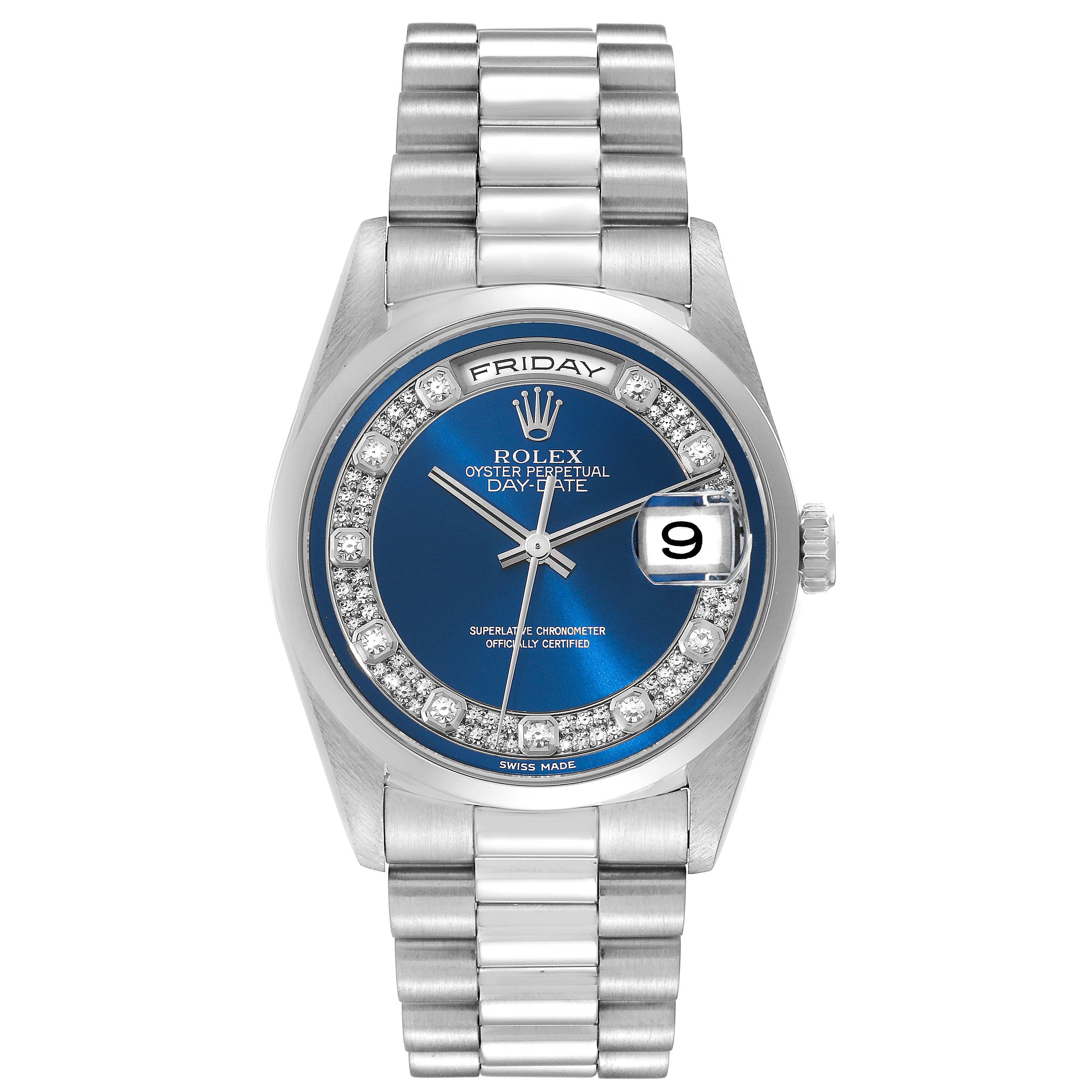 Rolex President Day-Date Platinum Blue Diamond Dial Mens Watch 18206 Box Papers. Officially certified chronometer self-winding movement with quickset date function. Platinum oyster case 36 mm in diameter. Rolex logo on a crown. Platinum smooth domed