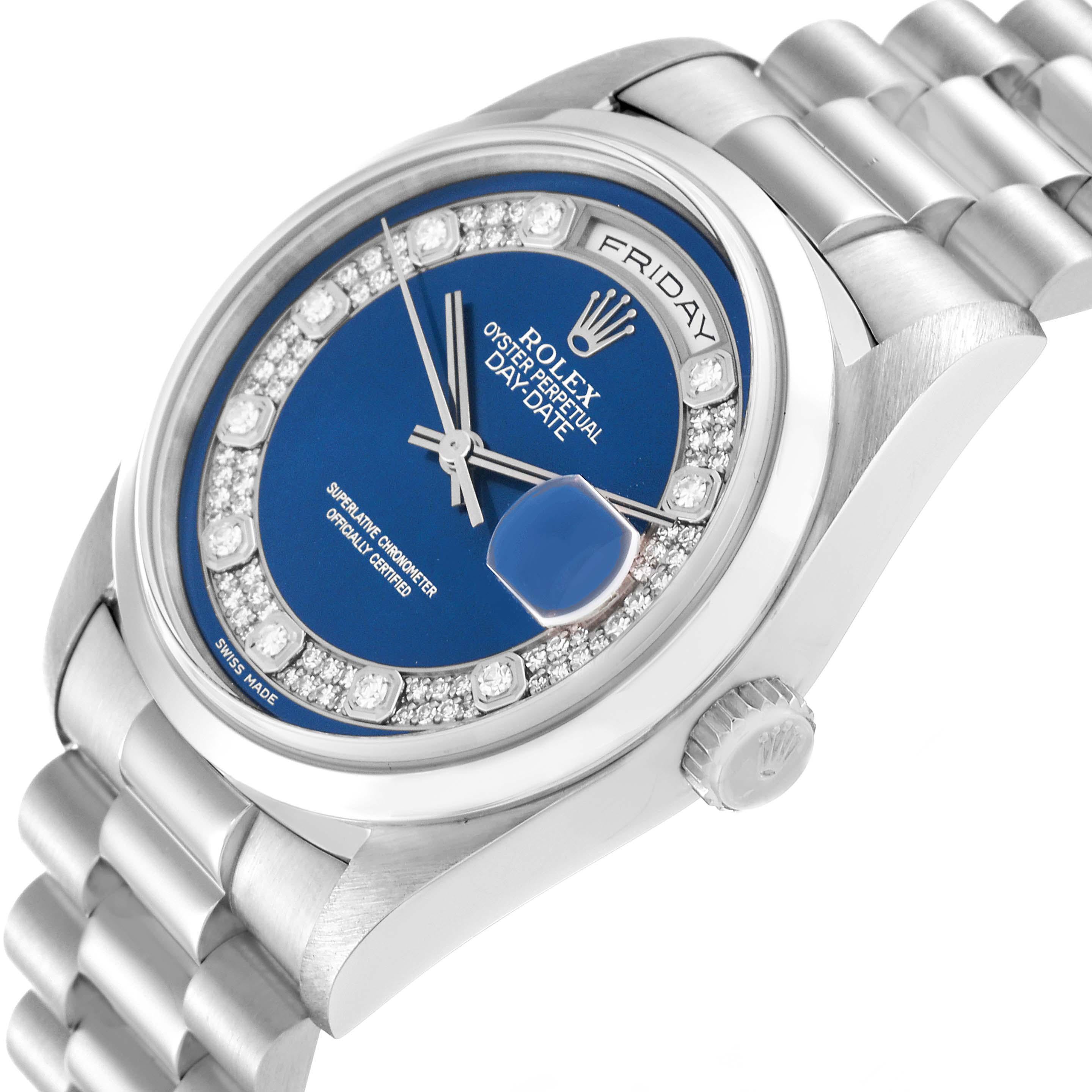 Rolex President Day-Date Platinum Blue Diamond Dial Mens Watch 18206 Box Papers en vente 1