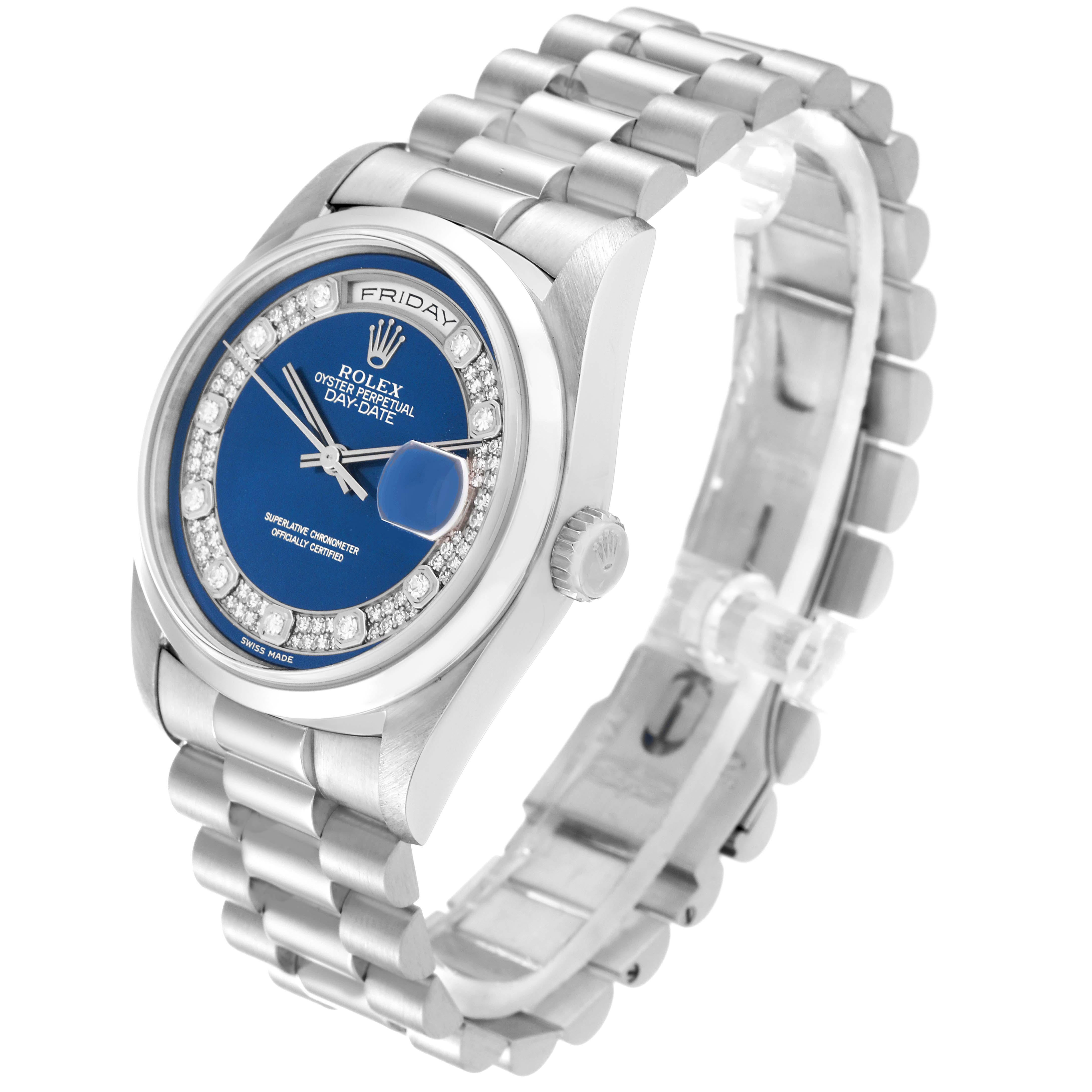Rolex President Day-Date Platinum Blue Diamond Dial Mens Watch 18206 Box Papers en vente 4