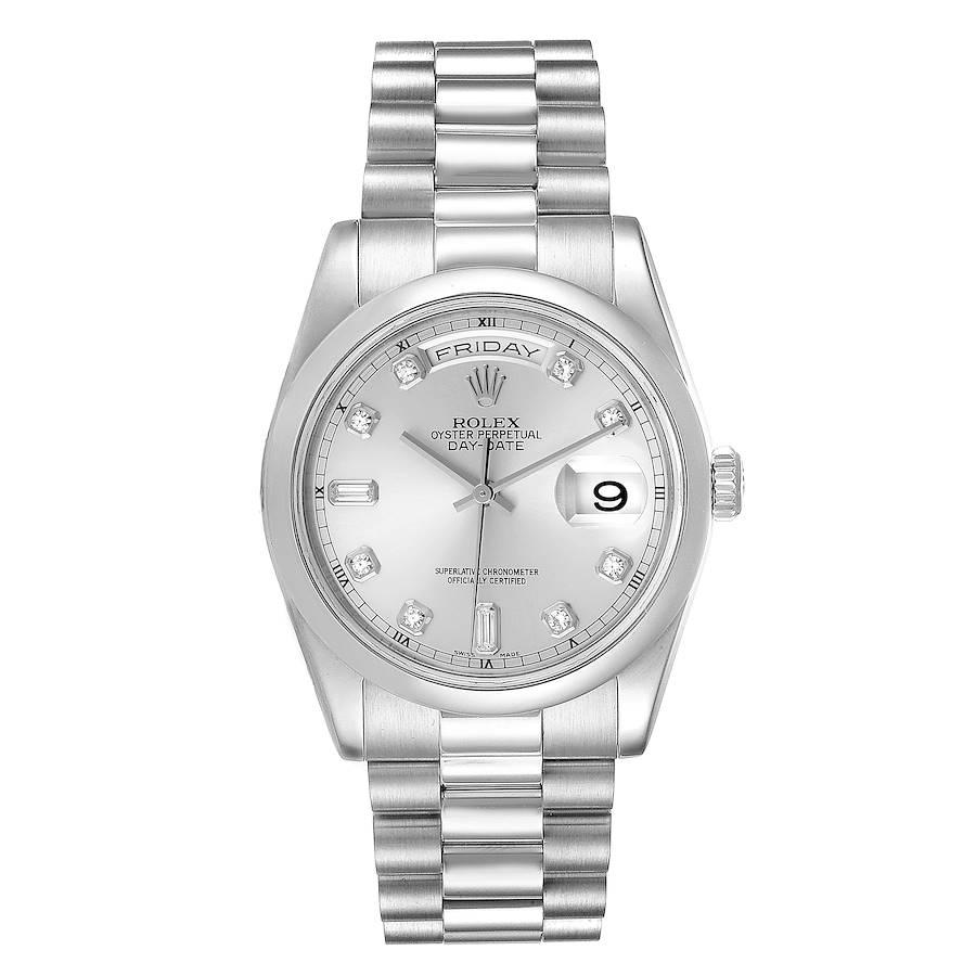 Rolex President Day-Date Platinum Diamond Mens Watch 118206. Officially certified chronometer self-winding movement with quickset date function. Platinum oyster case 36.0 mm in diameter. Rolex logo on a crown. Platinum smooth domed bezel. Scratch