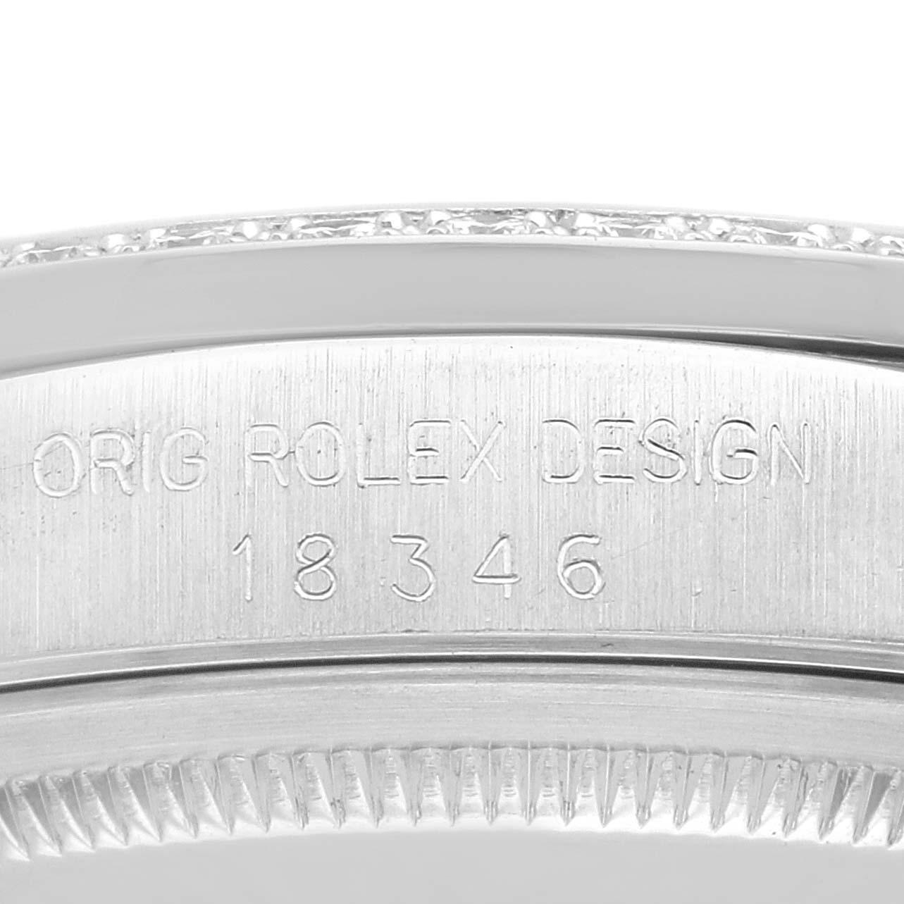 Rolex President Day-Date Platinum Diamond Mens Watch 18346. Officially certified chronometer automatic self-winding movement with quickset date function. Platinum oyster case 36.0 mm in diameter. Rolex logo on the crown. Original Rolex factory