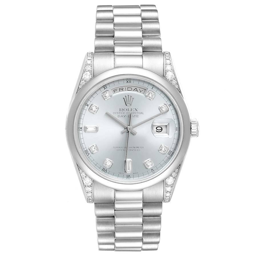 Rolex President Day-Date Platinum Ice Blue Dial Diamond Mens Watch 118296. Officially certified chronometer self-winding movement with quickset date function. Platinum oyster case 36.0 mm in diameter. Rolex logo on a crown. Rolex factory diamond