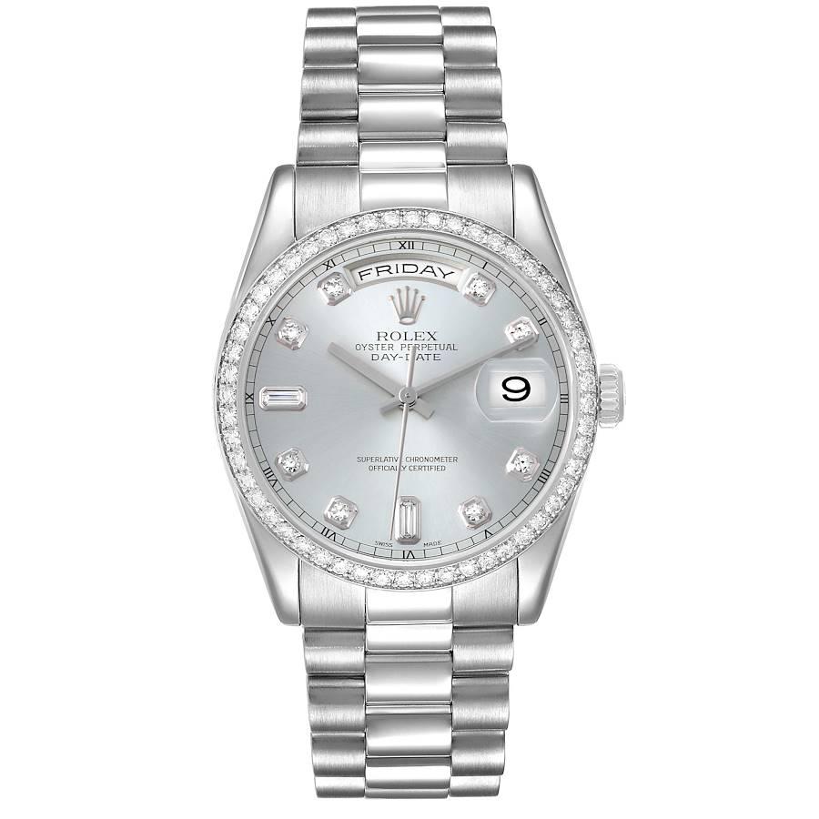 Rolex President Day-Date Platinum Ice Blue Diamond Dial Bezel Mens Watch 118346. Officially certified chronometer automatic self-winding movement. Platinum oyster case 36.0 mm in diameter. Rolex logo on the crown. Original Rolex factory diamond