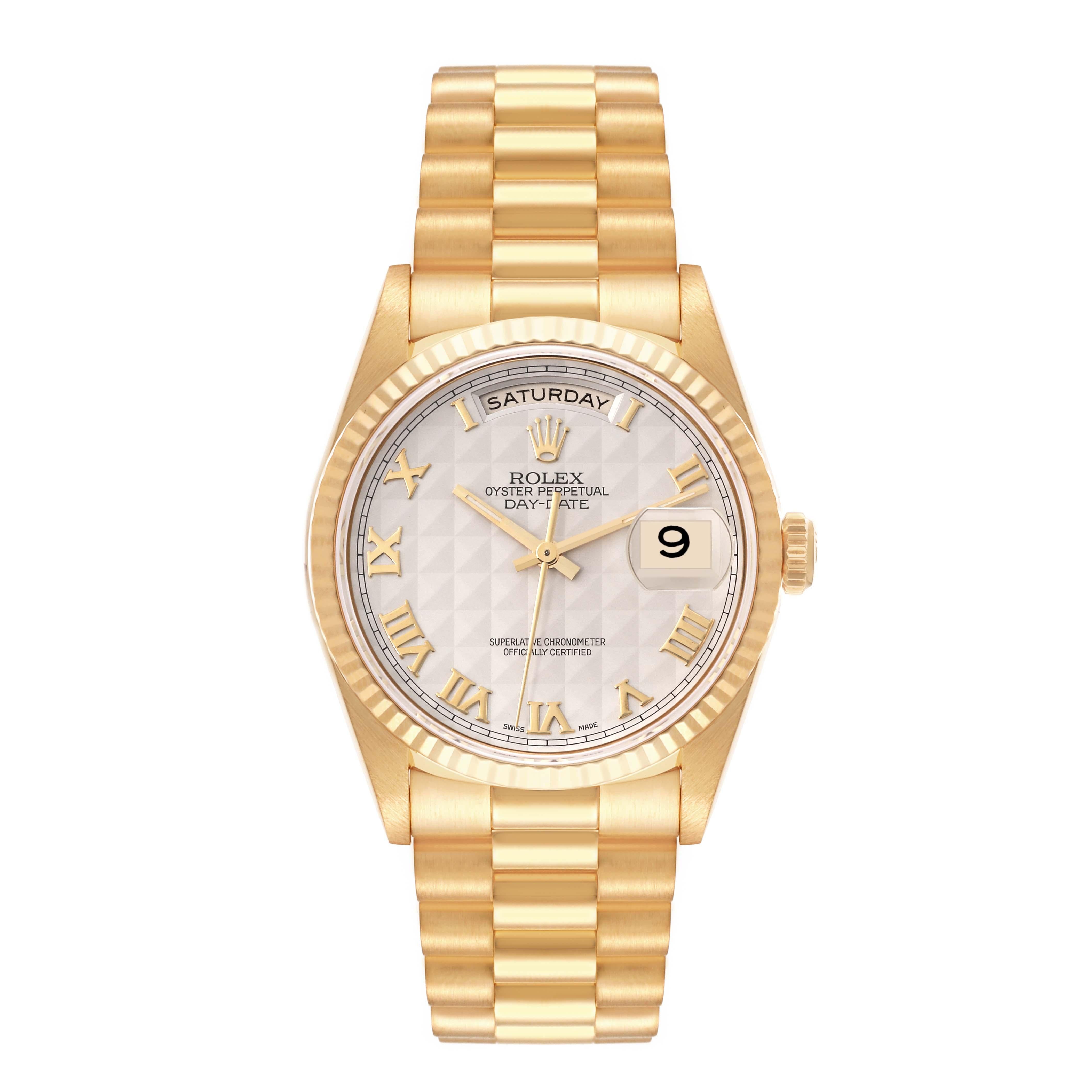Rolex President Day-Date Pyramid Dial Yellow Gold Mens Watch 18238 Box Papers. Officially certified chronometer automatic self-winding movement. 18k yellow gold oyster case 36.0 mm in diameter. Rolex logo on the crown. 18K yellow gold fluted bezel.