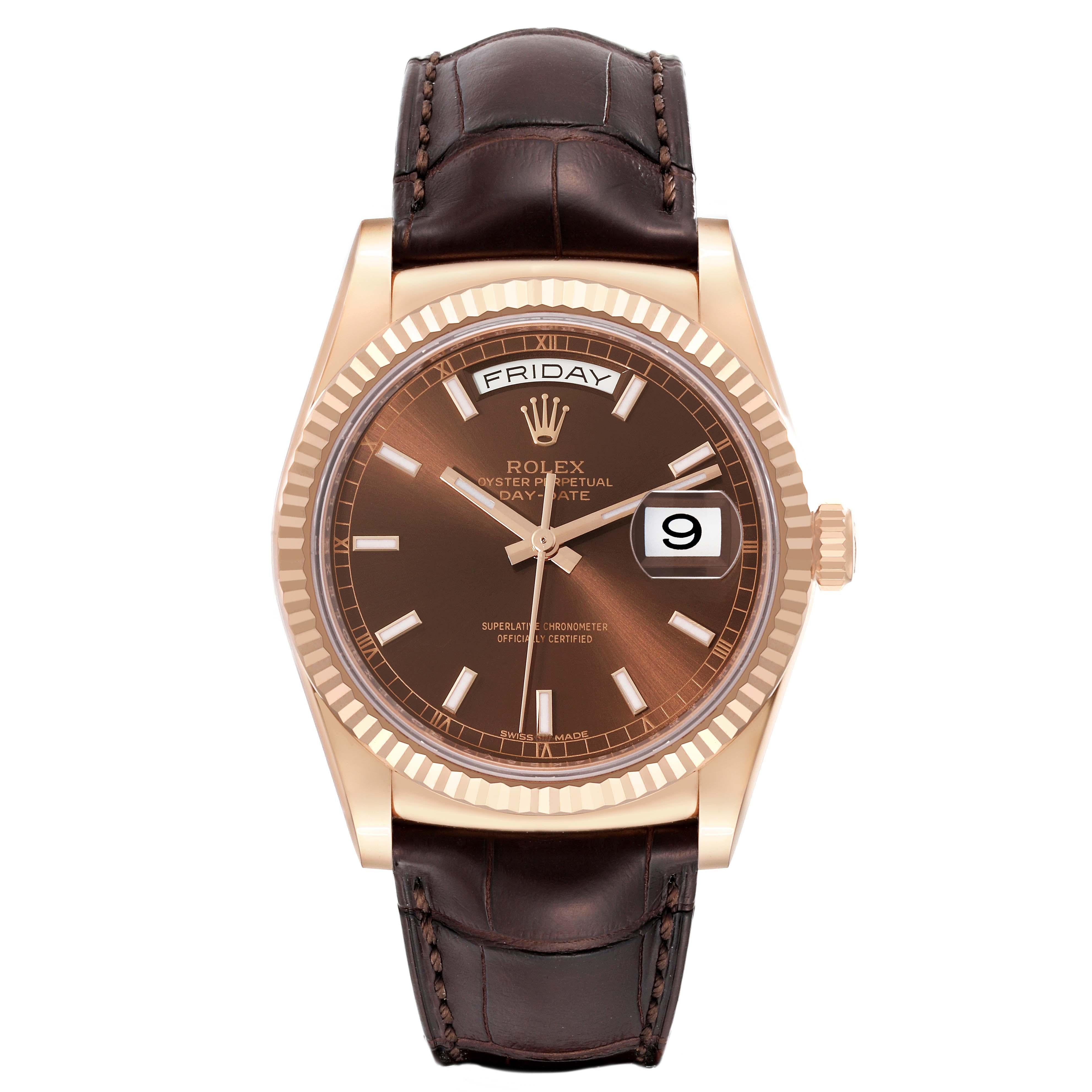 Rolex President Day-Date Rose Gold Chocolate Dial Mens Watch 118135 Box Card. Officially certified chronometer automatic self-winding movement. 18k rose gold oyster case 36.0 mm in diameter. Rolex logo on the crown. 18k rose gold fluted bezel.