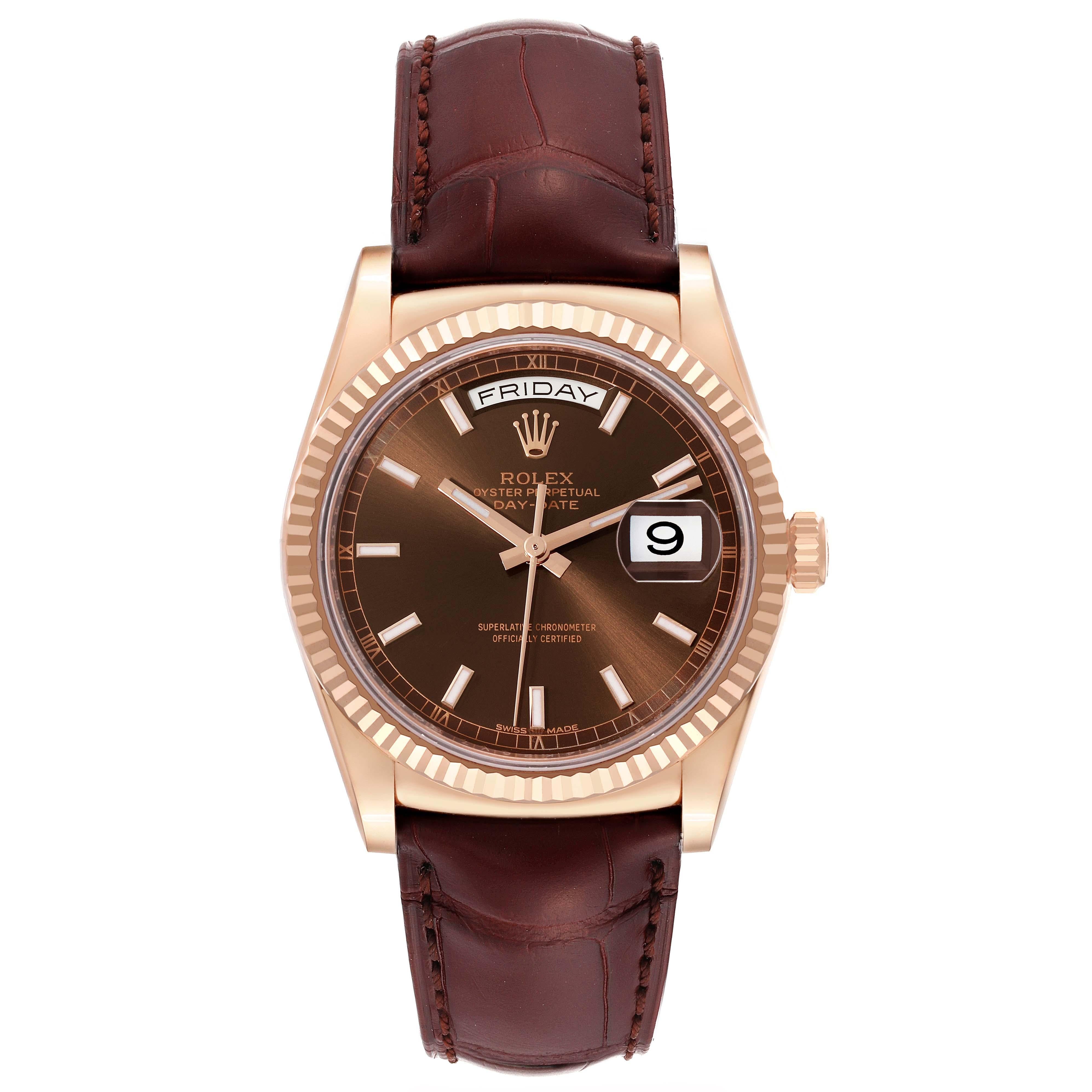 Rolex President Day-Date Rose Gold Chocolate Dial Mens Watch 118135 In Excellent Condition For Sale In Atlanta, GA