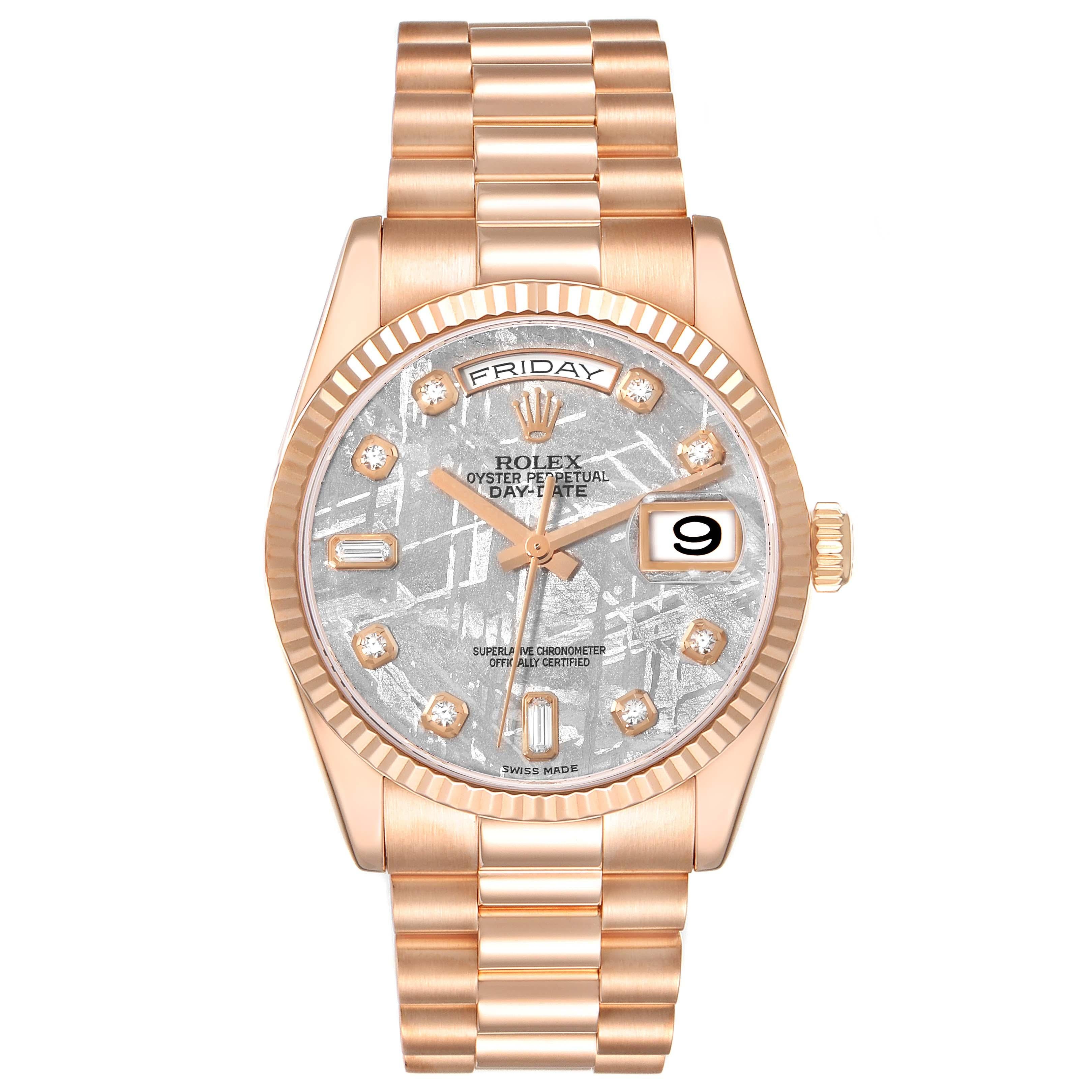 Rolex President Day-Date Rose Gold Meteorite Diamond Dial Mens Watch 118235. Officially certified chronometer automatic self-winding movement. Double quick set function. 18k Everose gold oyster case 36.0 mm in diameter. Rolex logo on the crown. 18K