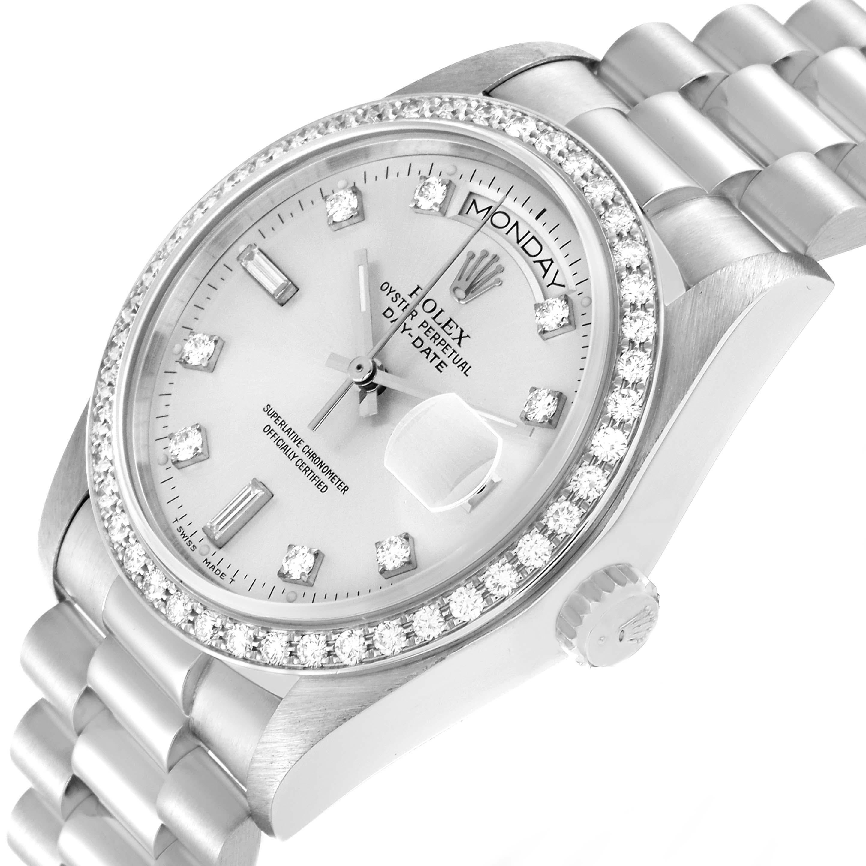 Rolex President Day-Date Silber Zifferblatt Platin-Diamant-Herrenuhr 18046 im Angebot 1